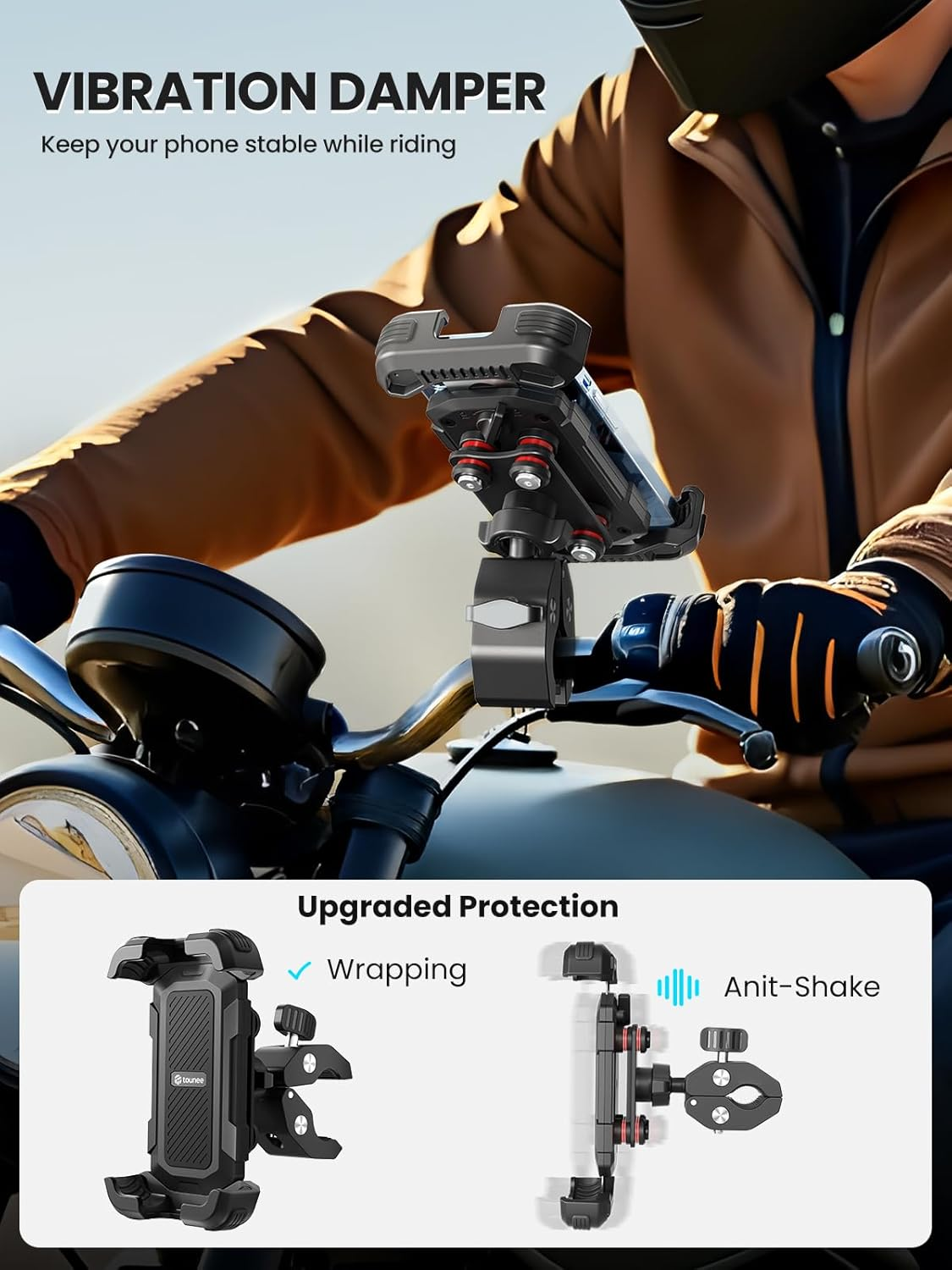 Tounee Bike Motorcycle Phone Holder Mount -Dual Vibration Dampener, Tool-Free Handlebar Clip & Secure Lock for Iphone 16/15 Pro Max, 4.7-6.9" Phones - Black image number 3