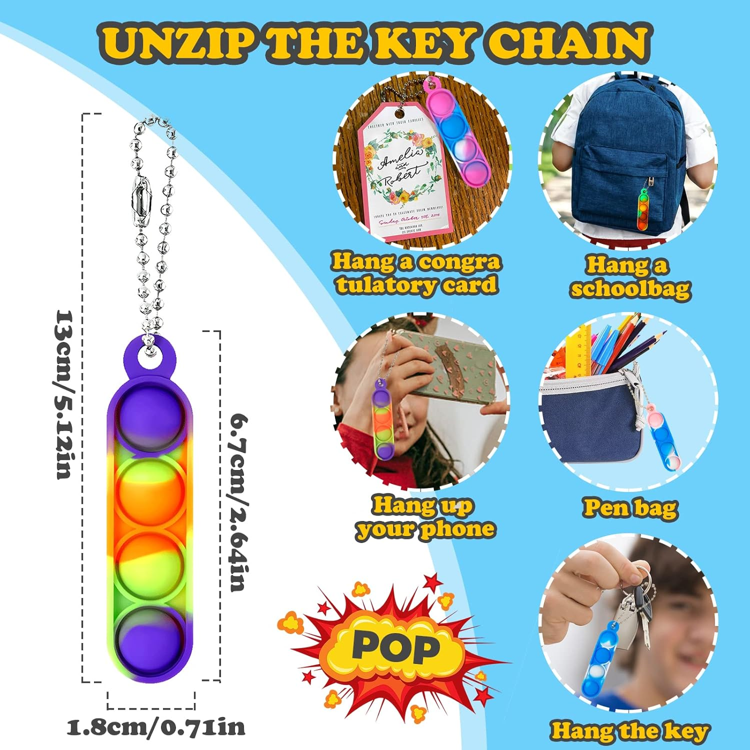 16Pcs Pop Keyring It Fidget Toys Pack Party Bag Fillers for Kids, Poppet Keyring Christmas Eve Box Stocking Fillers Game Prizes Kids Valentines Day Birthday Party Favour Gifts Sensory for Girls Boys image number 5