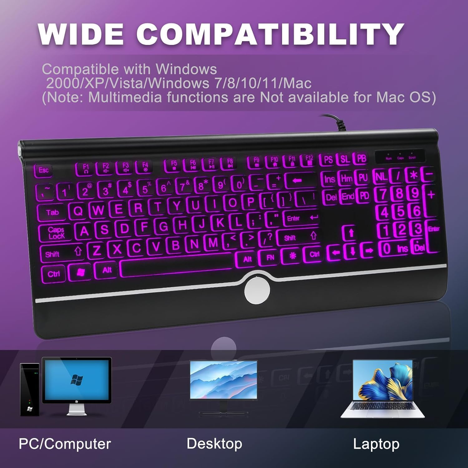 Large Print Backlit Computer Keyboard, 7-Color Backlit Keyboard with Wrist Rest, USB Plug-And-Play, Oversize Letters Keys Easy to See and Type, Wired Light up Keyboard for Laptop, PC, Gaming (Large) image number 4