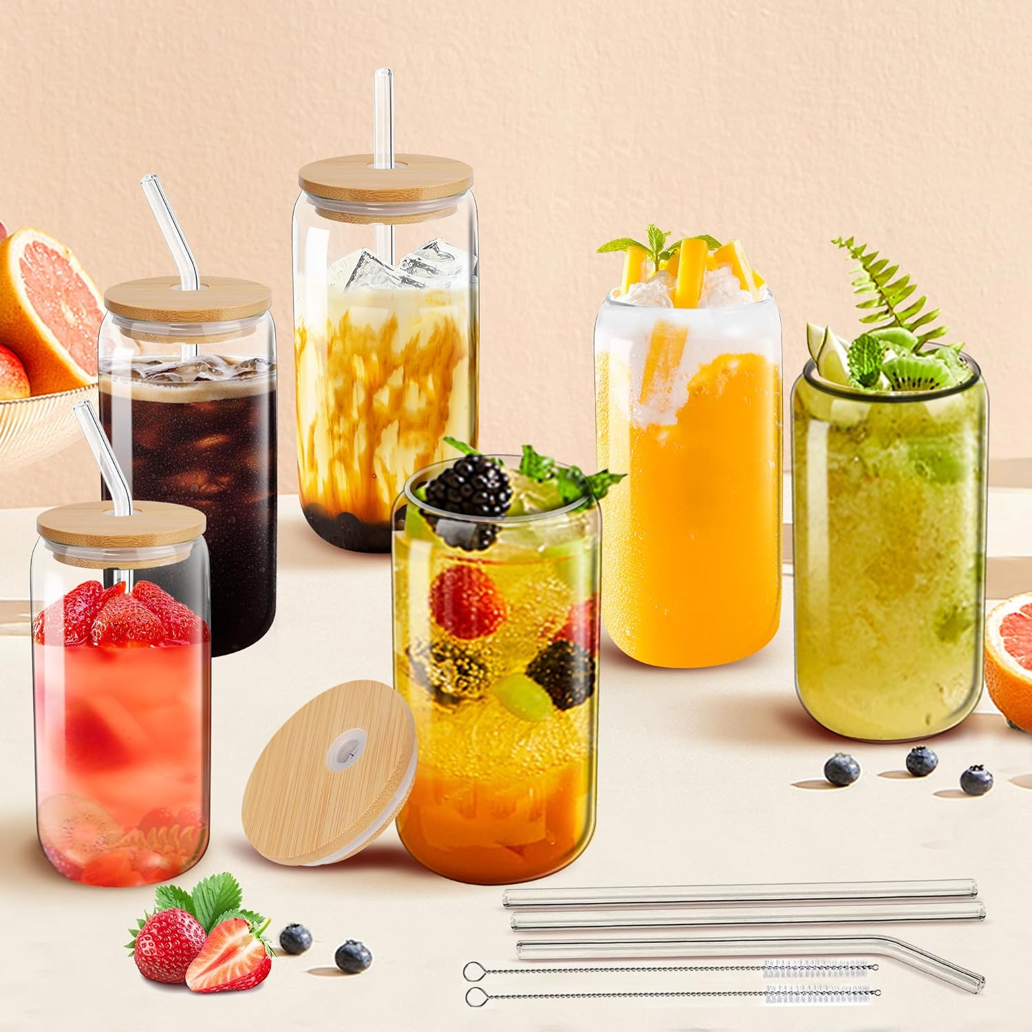 Drinking Glasses with Bamboo Lids and Glass Straw,16Oz Can Shaped Glass Cups, Beer Glasses, Iced Coffee Cups, Clear Glass Tumbler with Straw, for Cocktail, Whiskey, Gift Set(6 Pack) image number 5