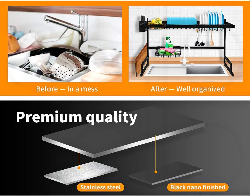 TOQUE over Sink Dish Drying Rack 2 Tier 65Cm Length Double Sink,Stainless Steel Kitchen Drainer Cutlery Utensil Plate Organizer Black,Freestanding Large Storage Multiple Baskets Board for Countertop image number 2