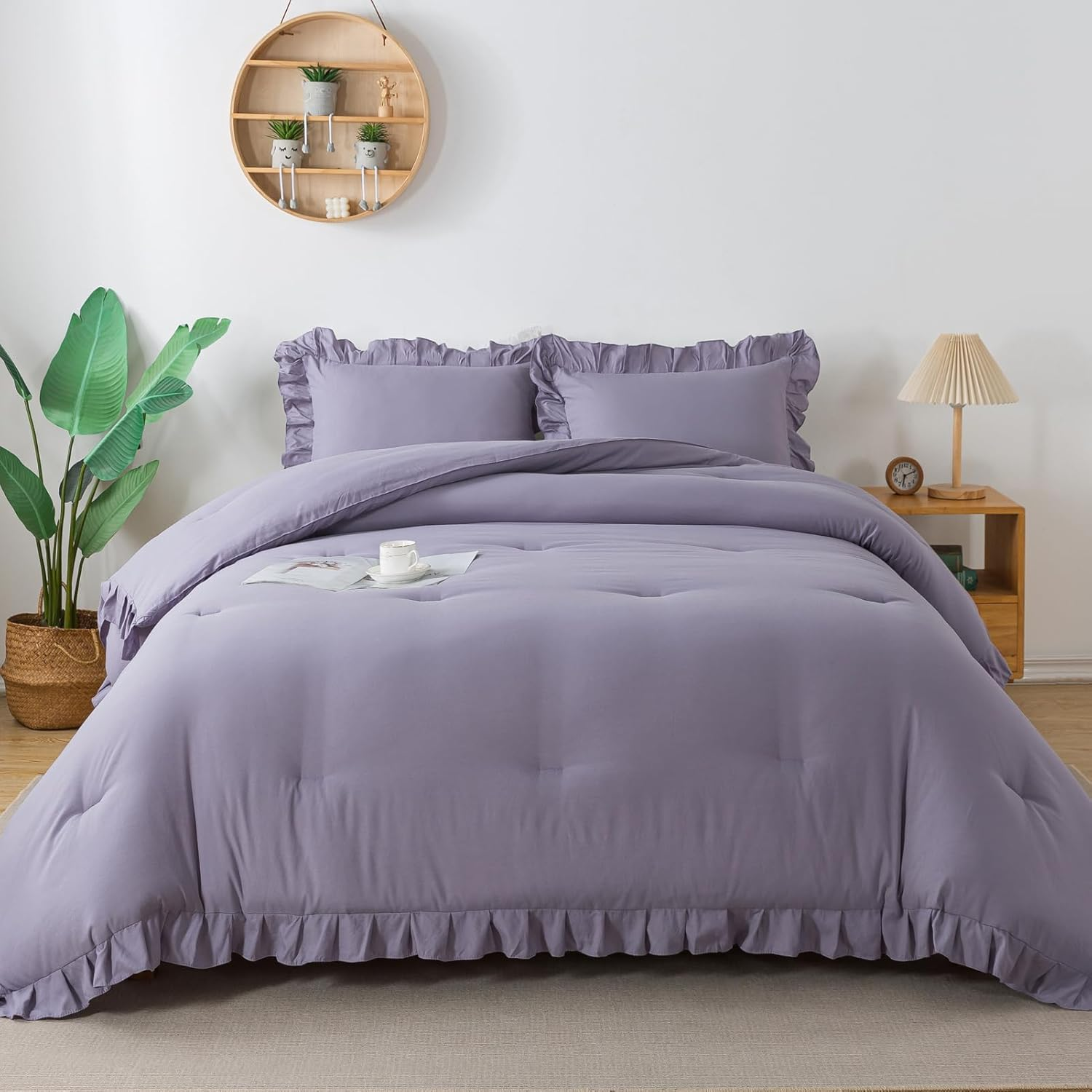 Andency Grayish Purple California King Comforter Set, 3 Pieces Cal King Ruffle Purple Comforter, Lightweight Oversized Farmhouse Shabby Chic Soft Microfiber Bedding Comforter Set (104X96Inch) image number 3