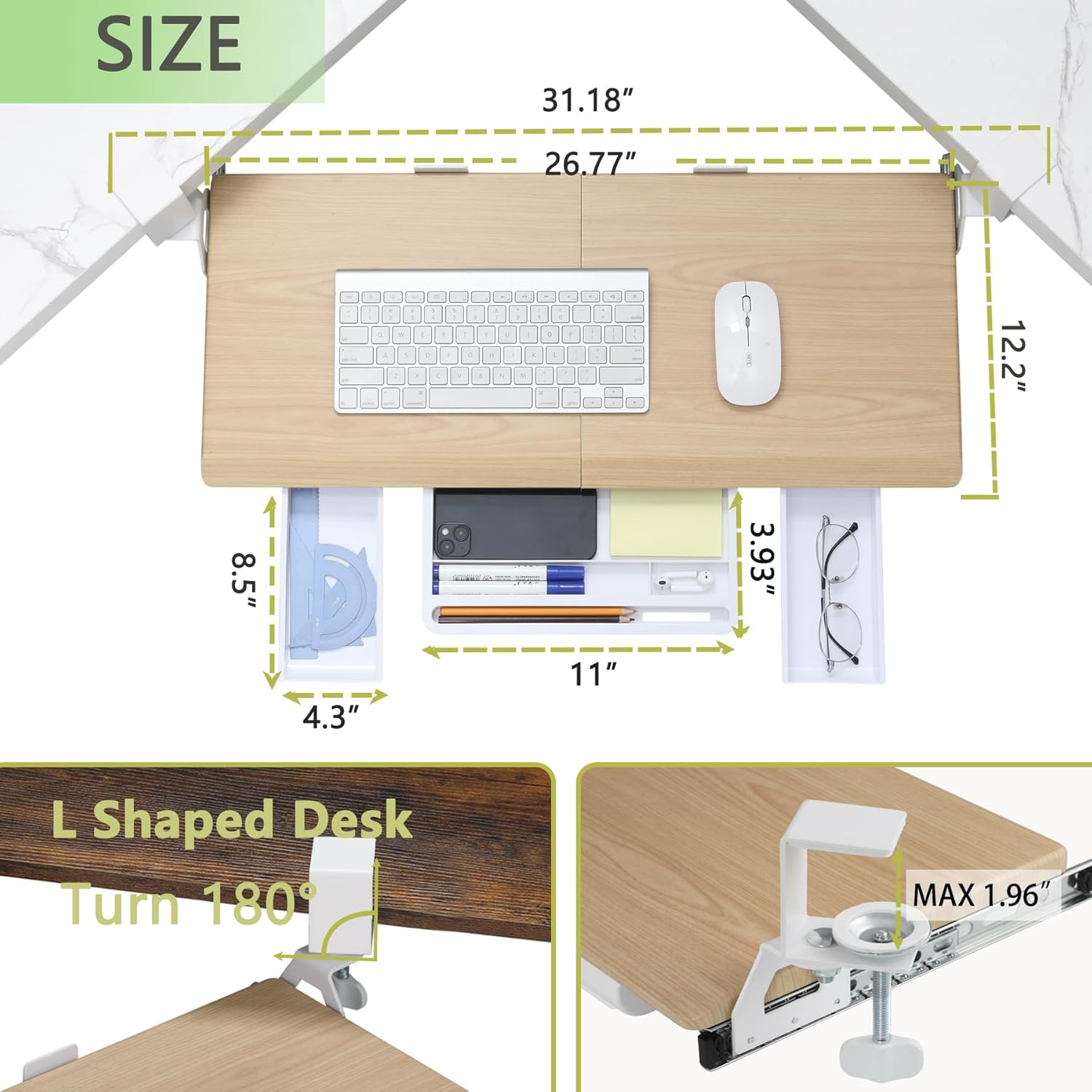 ETHU Keyboard Tray under Desk, Ergonomic Corner Keyboard Tray with 180&deg; Adjustable C Clamp for L Shape Desk 26.77" X 12.2" Easy to Install, Computer Keyboard Stand for Home and Office(Oak) - White image number 7