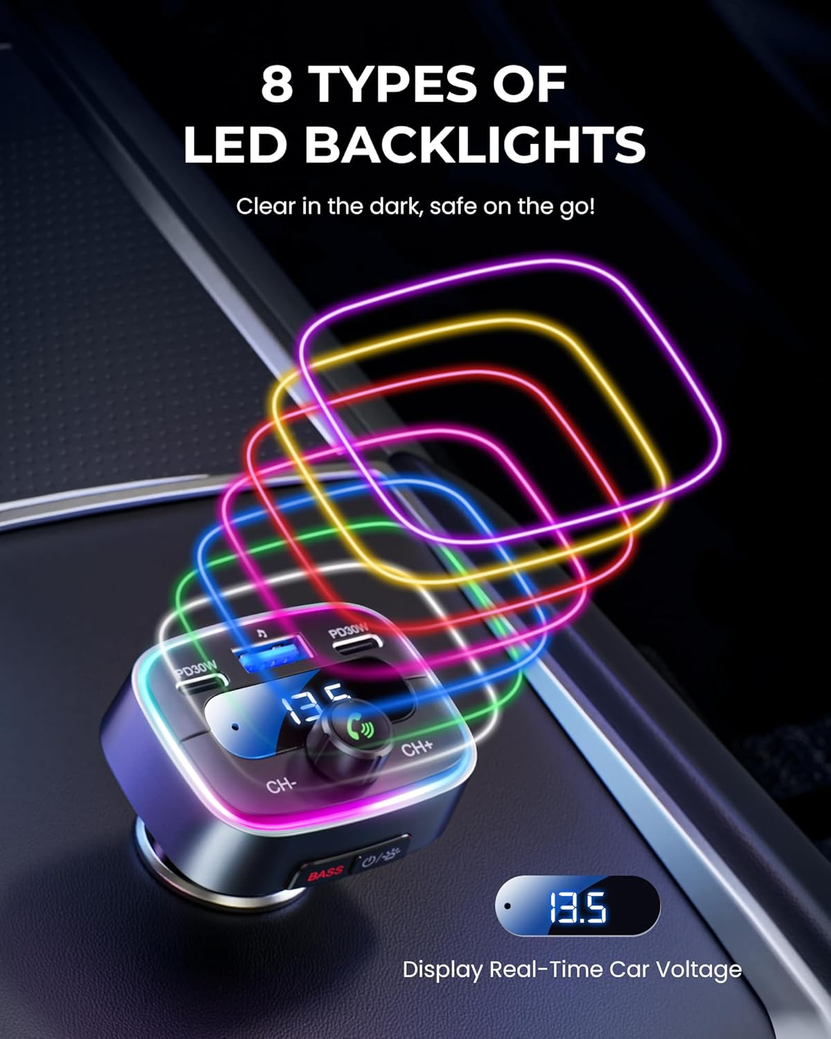 LENCENT Bluetooth 5.4 FM Transmitter Car Bluetooth Adapter, 60W PD 30W Dual USB-C Fast Charge, Car Music Adapter, Hands-Free Calling, 7-Colour LED Backlight and USB Stick image number 1