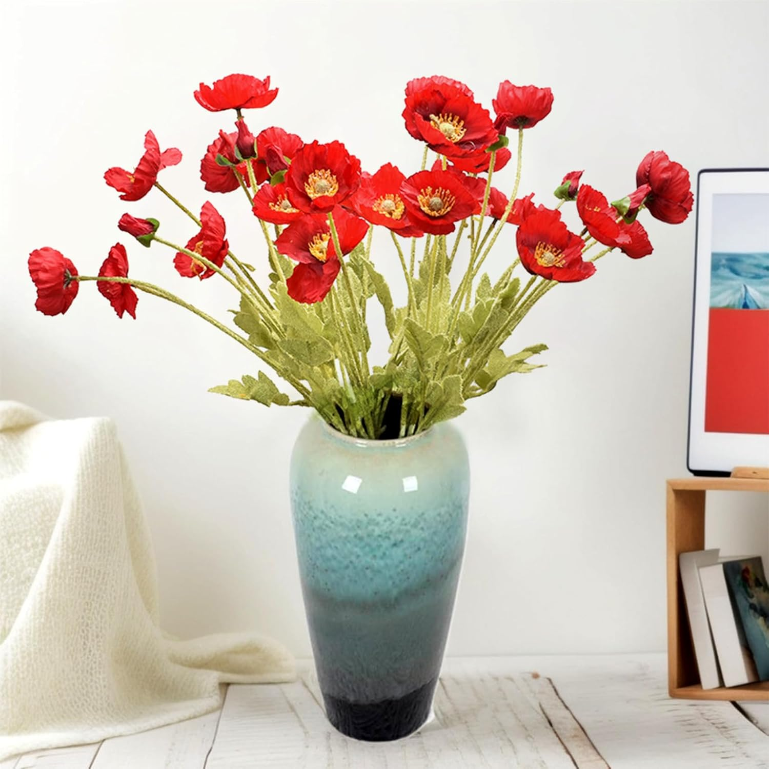 Artificial Flowers Poppy Silk Flowers with Stems, Faux Poppy Flowers Real Touch Decor Plants Realistic Bouquet for Home Kitchen Wedding Office Centerpiece Decorations (Orange Red) image number 3