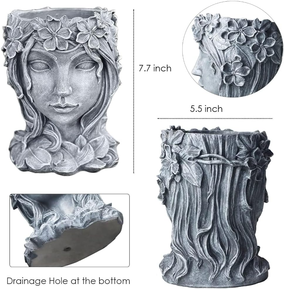 YANMILIA Head Planter Face Flower Pot Goddess Statue Planter Decorative Girl Portrait Planter Indoor Outdoor Girl Face Flower Vase Container Planter (Gray) image number 5