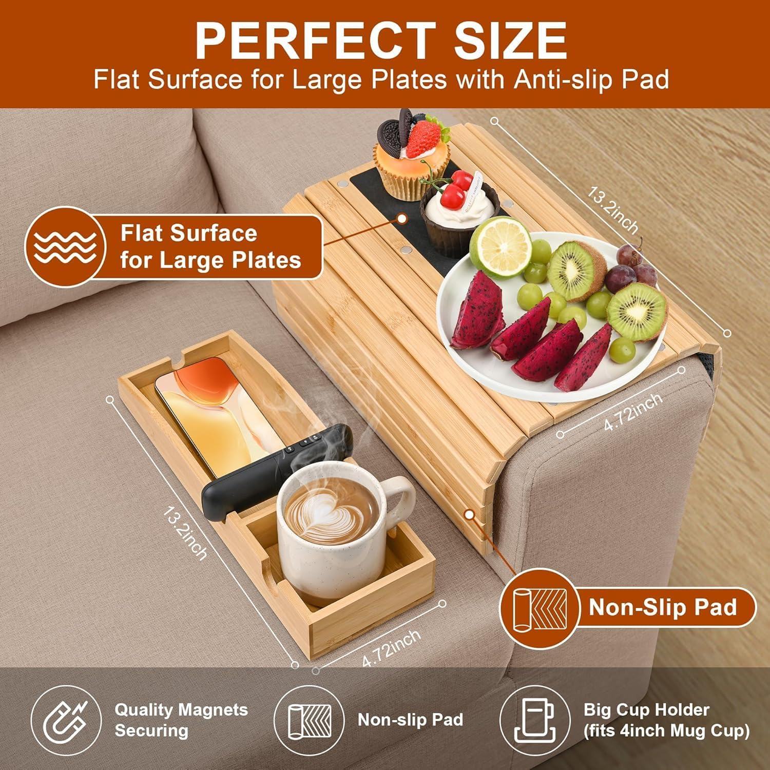 3-In-1 Sofa Armrest Tray &ndash; Detachable Bamboo Couch Cup Holder with Anti-Slip Mat &ndash; Foldable Arm Table for Wide Couches, Perfect for Drinks, Snacks, Cell Phones, and Remotes image number 3