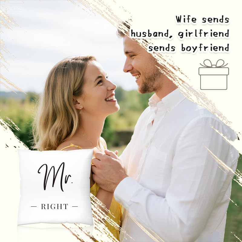 Romantic Couple Pillow Cover Gifts for Husband Hubby Mr Right Pillowcase for Newlywed Fiance Wedding Anniversary Birthday Gifts for Him Boyfriend Groom 18X 18 Cushion Case Bedroom Home Decor image number 4