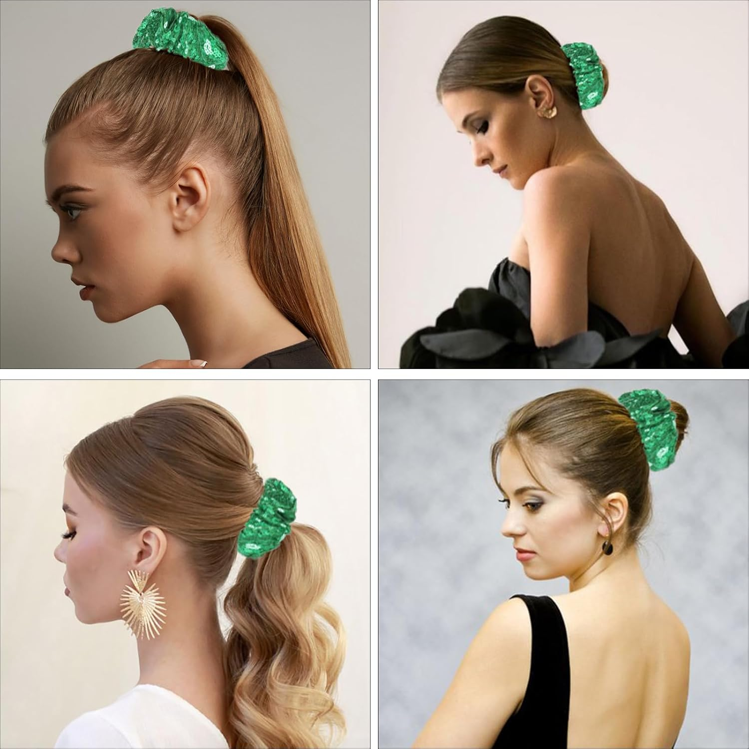 OTYOU 6 Pack Sequins Hair Scrunchies Rich Tones Scrunchy Metallic Bobbles Elastic Hair Bands Ties Glitter Ponytail Bun Holders Hair Accessories for Women Girls (Green) image number 5