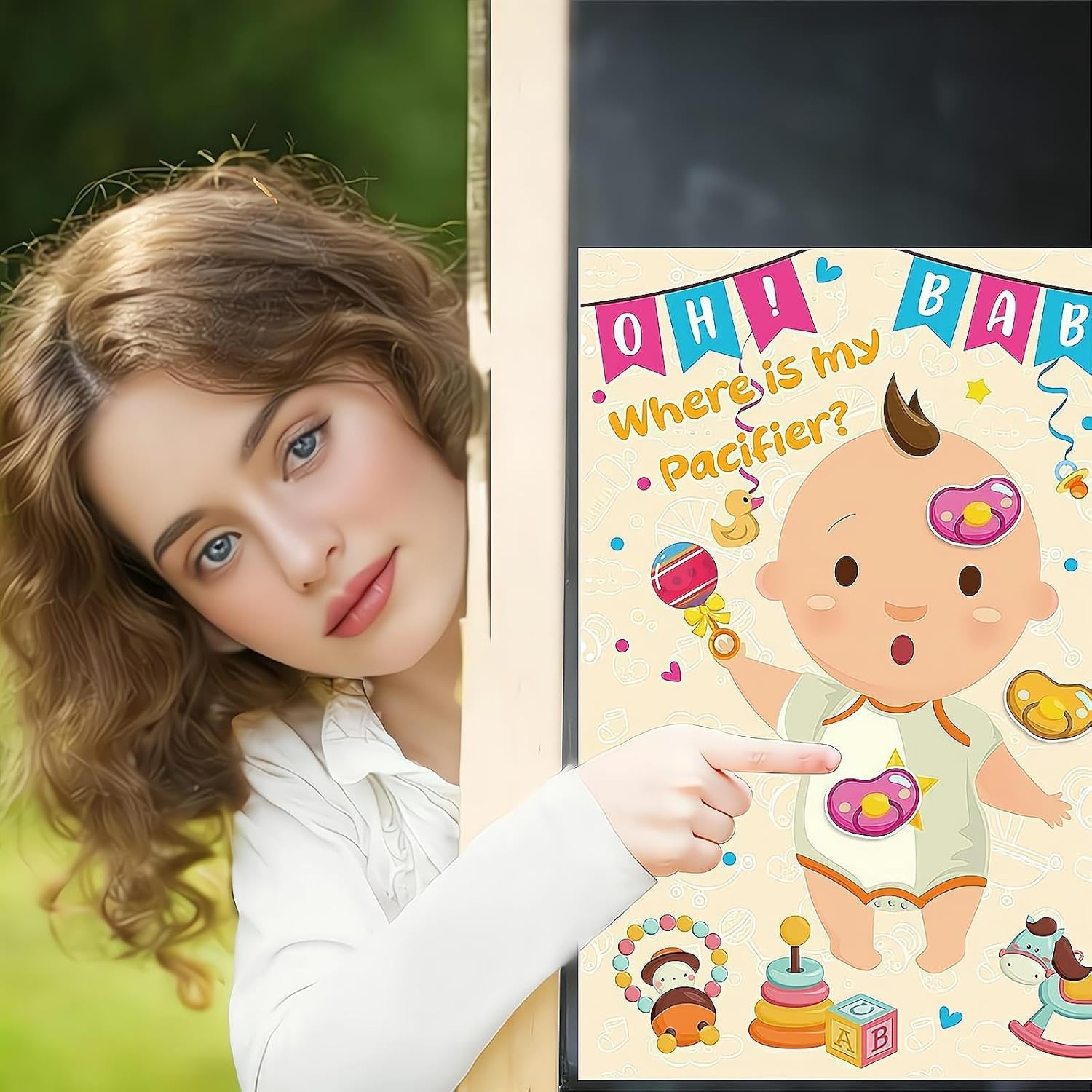 Baby Party Game Set - Fun Gender Reveal Decorations Party Supplies, Pin the Pacifier on Baby, Pin the Poop on Diaper, Cute Baby Room Theme and Eye Mask Game, Baptism/Poop Activity (2 Pieces) image number 5