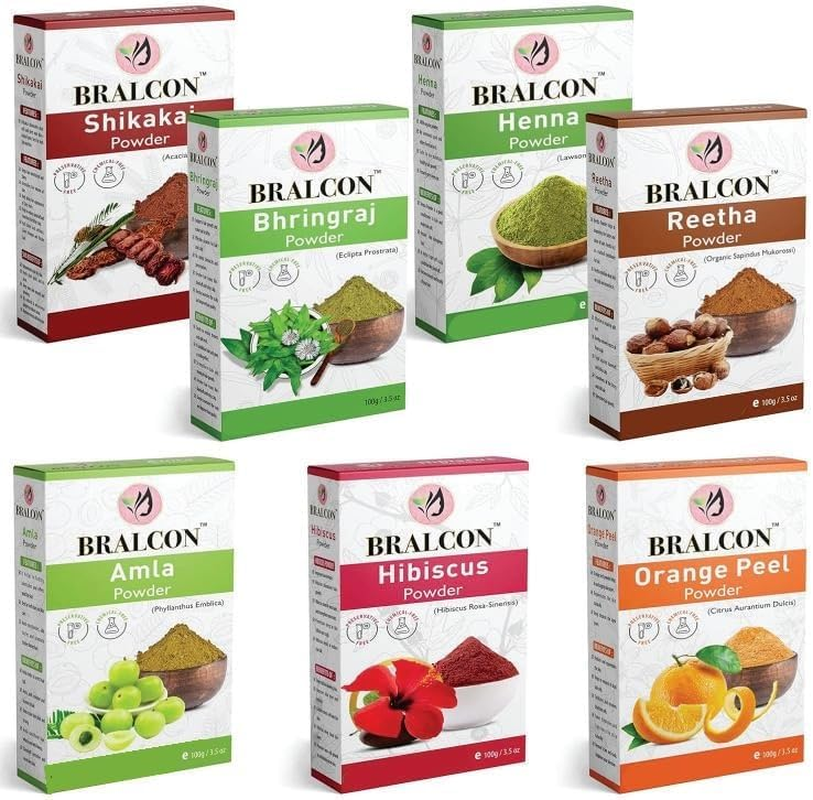 BRALCON Organic Amla Powder, Reetha Powder, Shikakai Powder, Bhringraj Powder, Hibiscus Powder, Henna Powder, Orange Peel Powder Combo-700G(100G X 7 Pack)| for Skin Whitening, Face Pack & Hair Growth image number 3