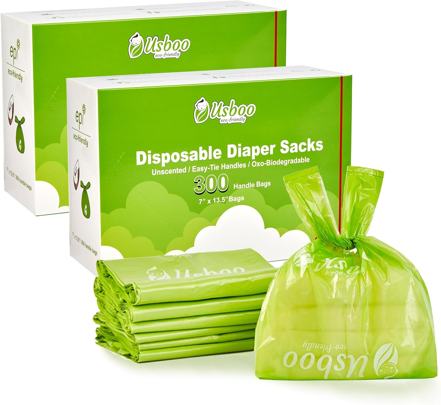 Baby Disposable Diaper Bags,300 Count Oxo-Biodegradable Diaper Sacks,Easy-Tie Handles,Diaper Disposal or Pet Waste Bags, Unscented
