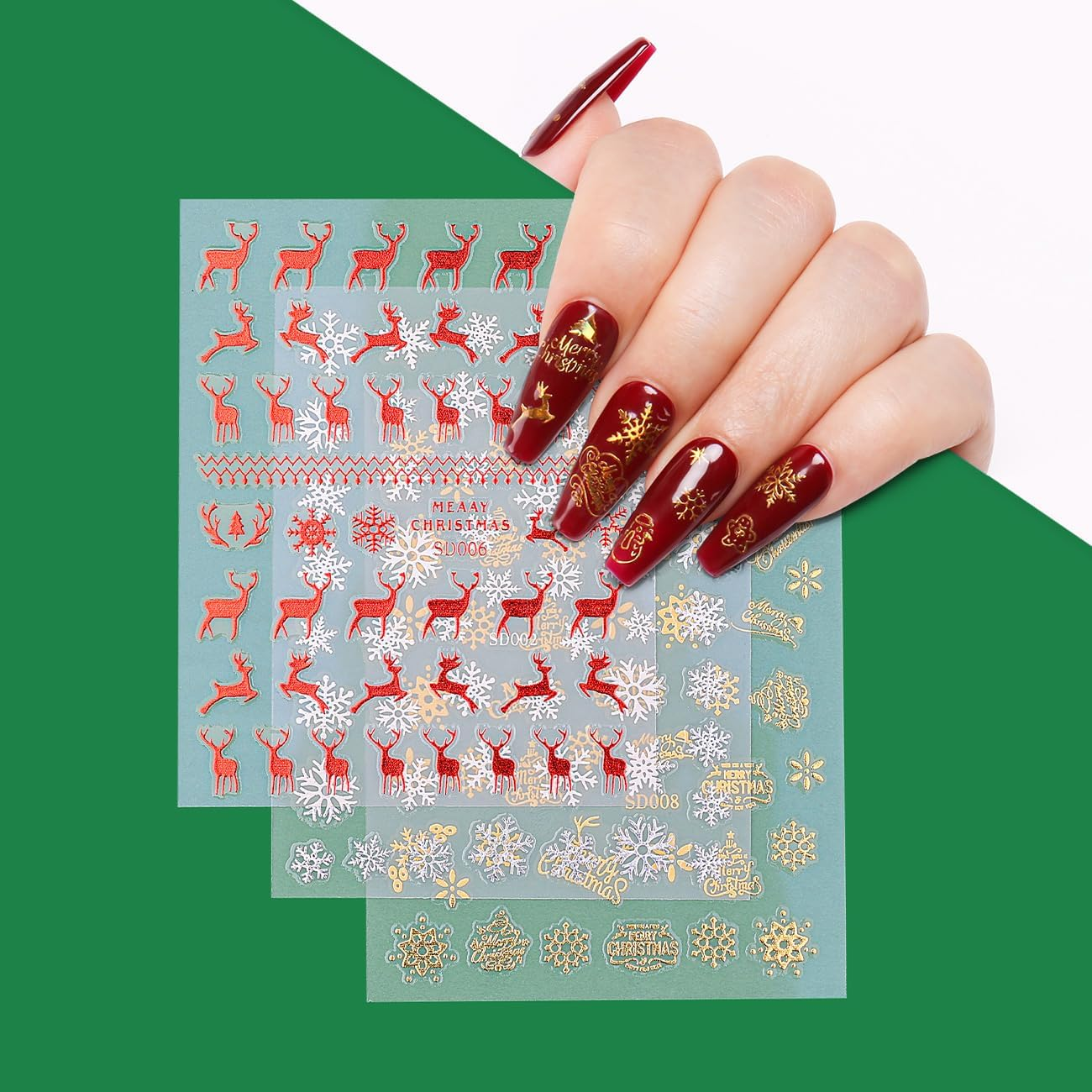 AIMEILI Christmas Nail Art Sticker 3D Snowflakes Nail Decals Colorful Snowmen Reindeer Bell Merry Christmas Tree Holiday Nail Stickers for Nail Art 40 Sheets image number 4