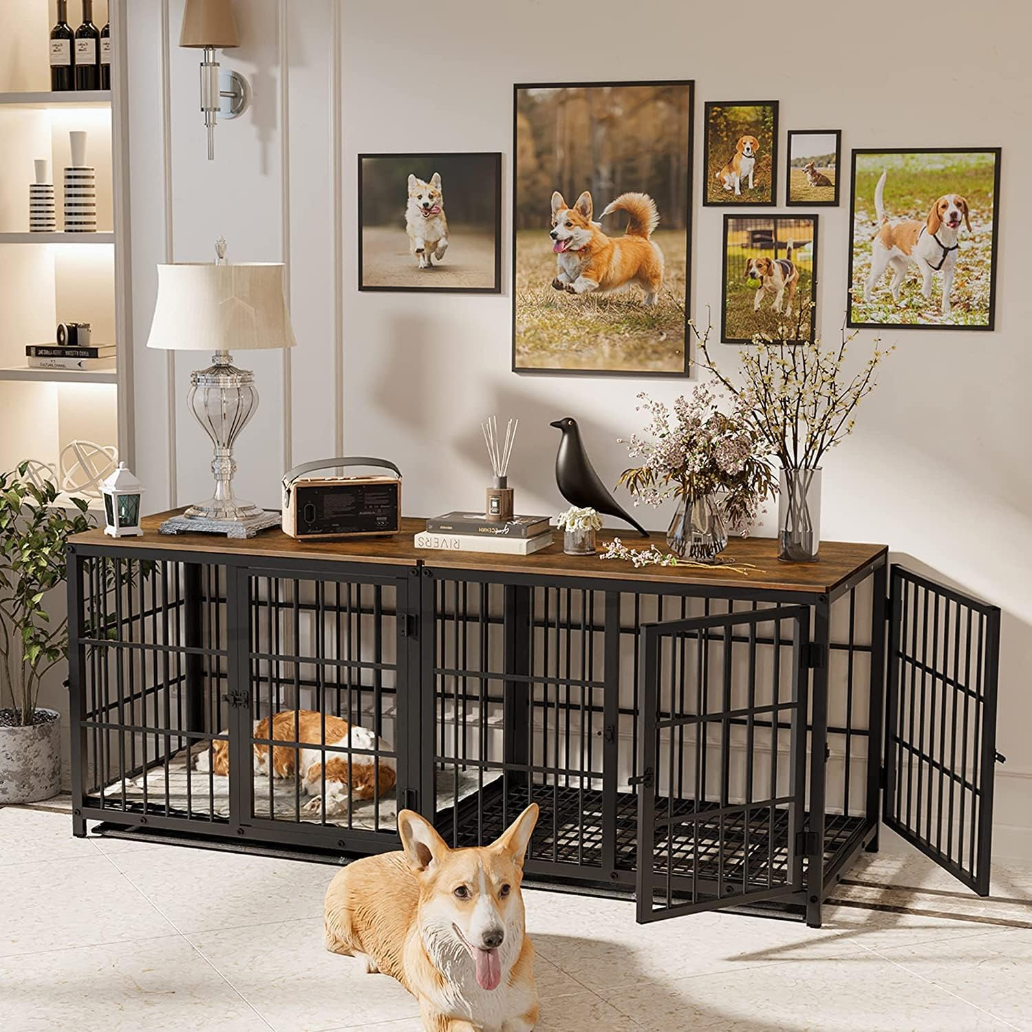 Bingopaw Heavy Duty Dog Crate Furniture: 72Inch Chew Resistant TV Stand Style Doggie Metal Crate with 3 Doors - inside Dogs Wooden Training Cages with Wire Bottom Removable Tray, Black image number 4