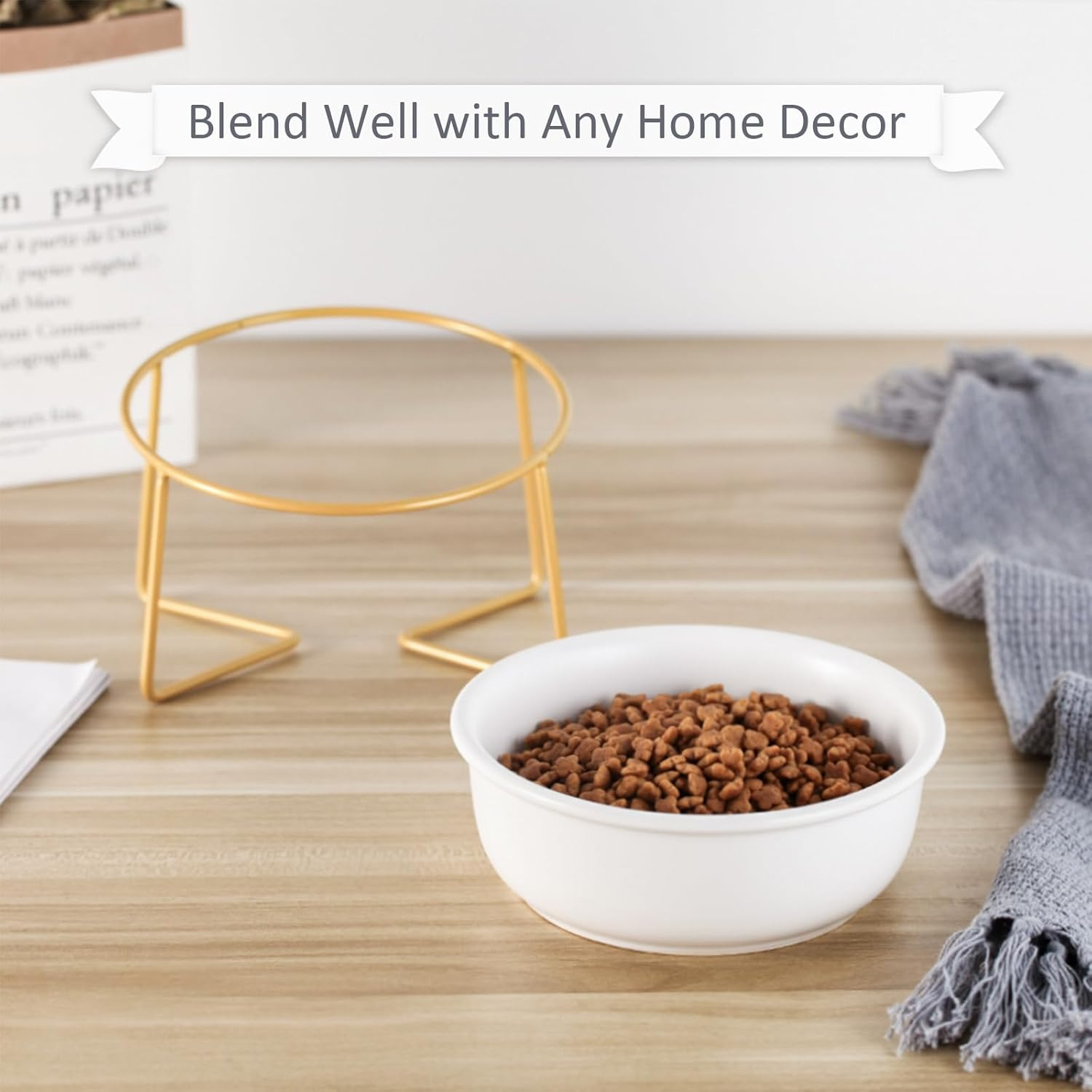 White Small Ceramic Tilted Elevated Cat Dog Bowl Raised Cat Food Water Bowl Dish Pet Comfort Feeding Bowls with Gold Iron Stand image number 3