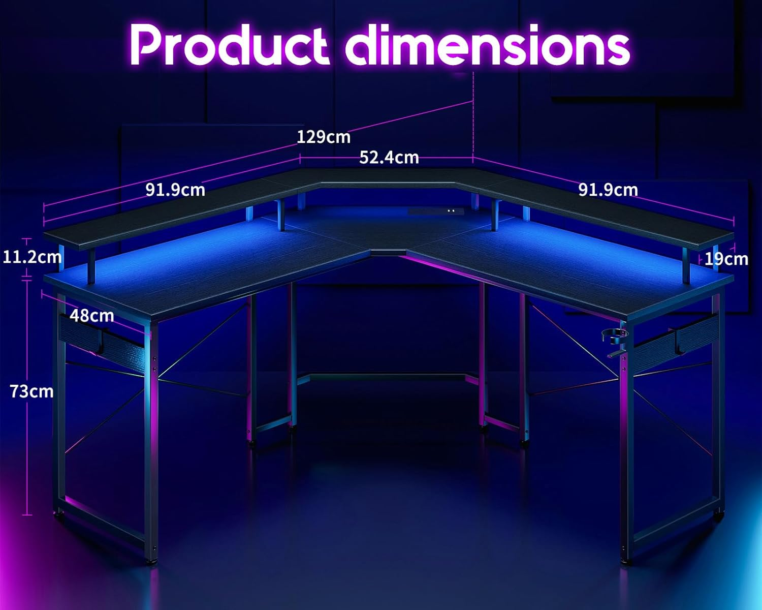 ODK L Shaped Computer Desk, Gaming Desk LED Light Strip and 2 USB 3 Charging Port, Gaming Table with Monitor Surface, Gaming Desks Workstations, Black - Texture White image number 7