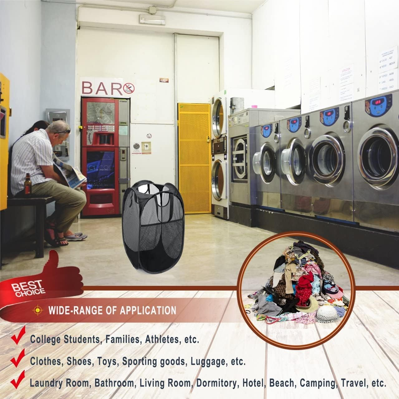 Reinforced Mesh Pop-Up Laundry Hamper, Quality Laundry Basket with Handles Solid Bottom High Carbon Steel Frame, Easy to Open and Fold Flat for Storage, College Dorm or Travel image number 4