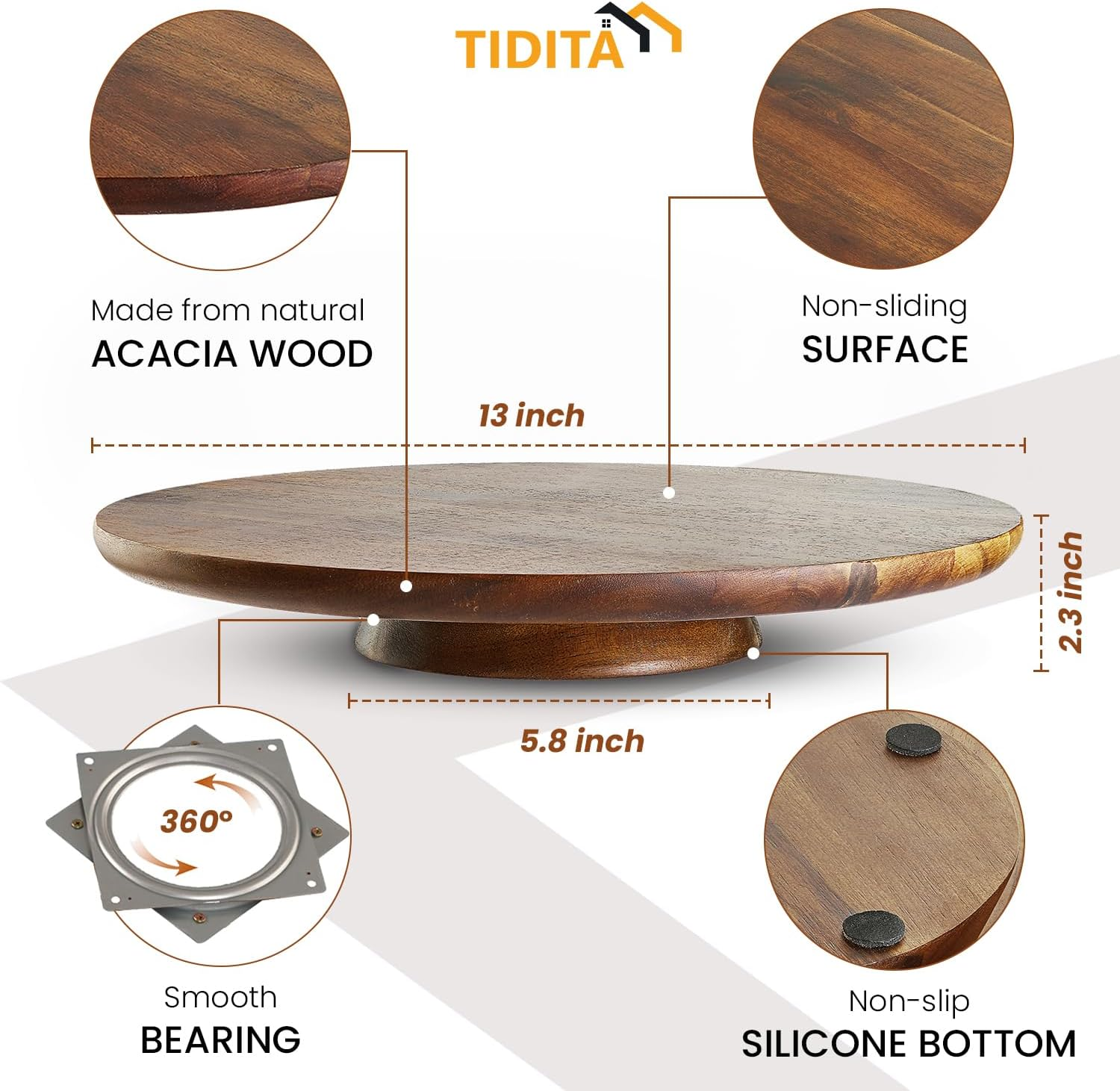 TIDITA 33 Cm Acacia Cake Stand Rotating &ndash; Rustic Cake Stand Set Turntable with 2 Icing Spatulas, 3 Smoothers &ndash; Wooden Revolving Spinner Cake Decorating Supplies - Use at Parties, Wedding (Acacia Wood)