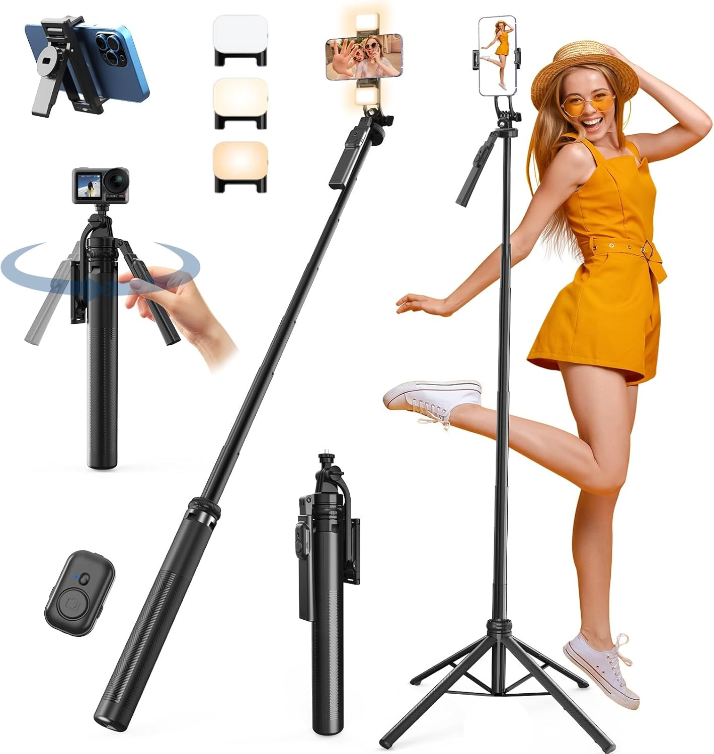 Giecy 180Cm Phone Tripod, Extendable Selfie Stick Tripod Travel Tripod Phone Holder Smartphone Tripod Stand with Wireless Remote & Fill Light Compatible with Iphone Android Phone, Camera, Gopro image number 2