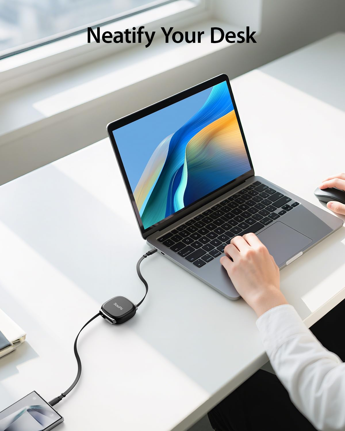 Soopii USB C to USB C Cable, 240W Retractable USB C Fast Charging Cable with Mag Snap Storage, 5-Stage Length Preset Type C Cable for Lphone 16/15 Pro Max, Galaxy S25/24 (Black 3.3FT) image number 2