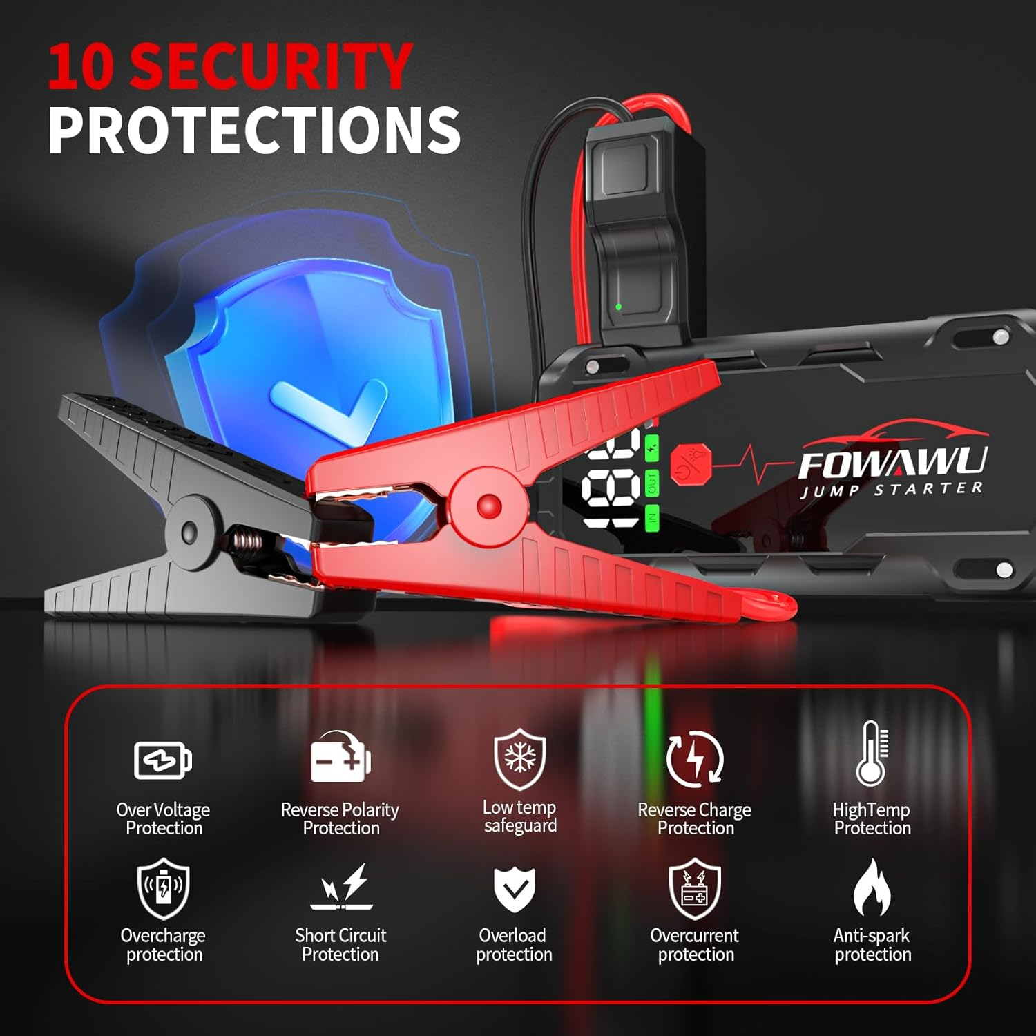 FOWAWU 26800 Mah 7000 a Peak Jump Starter for 12 V Vehicles (12 L Petrol / 10 L Diesel) and Moto, Car Battery Jump Starter Power Pack with Smart Jumper, 5 * 3.5 CM Large Screen and LED Torch - 4000A image number 3