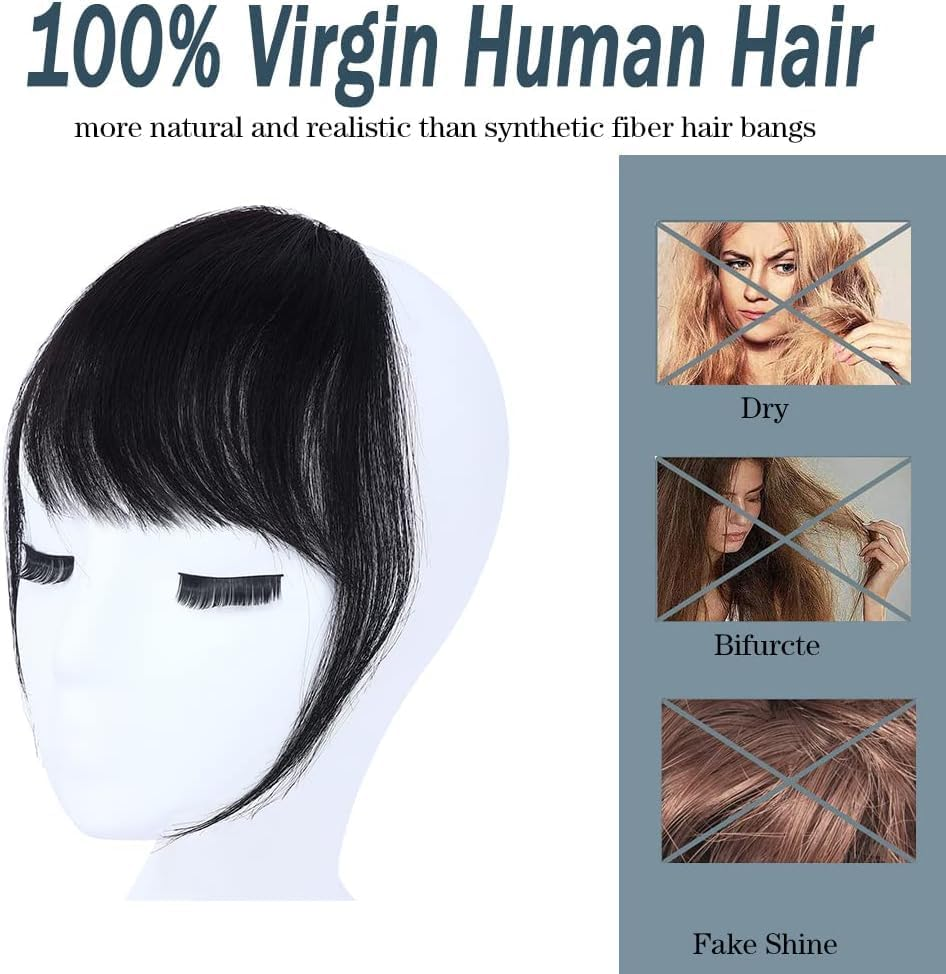 Clip in Bangs, 100% Human Hair Clip on Bangs &ndash; Wispy Fringe with Temples, Air Flat Neat Hairpieces, Daily Wear Hair Accessory for Women (Natural Black) image number 1