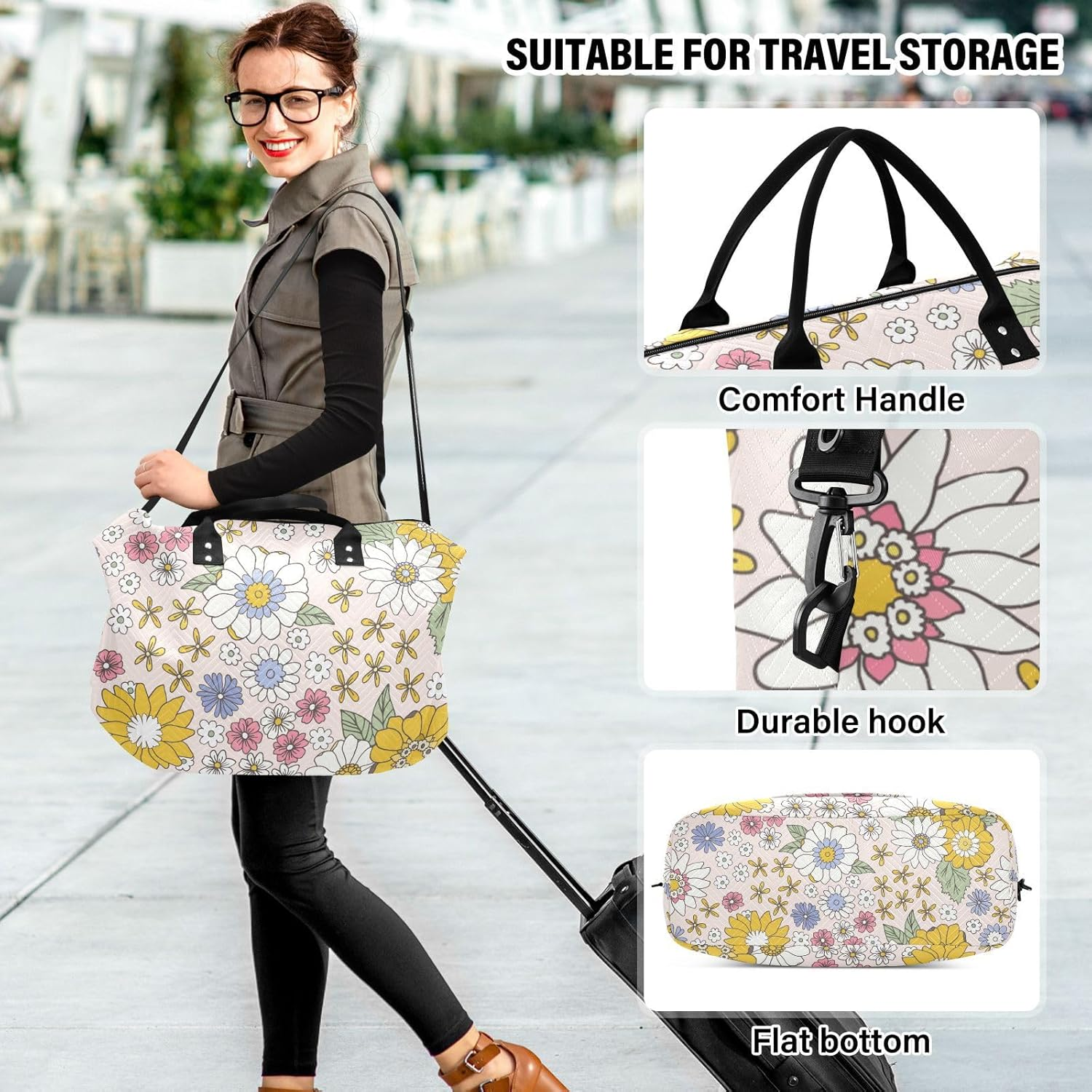 Travel Tote Bag Travel Weekender Gear Bag Floral Vintage Scandinavian Gym Bag with Adjustable Strap for Trekking, Floral Vintage Scandinavian, Set of 2, Art Deco image number 1