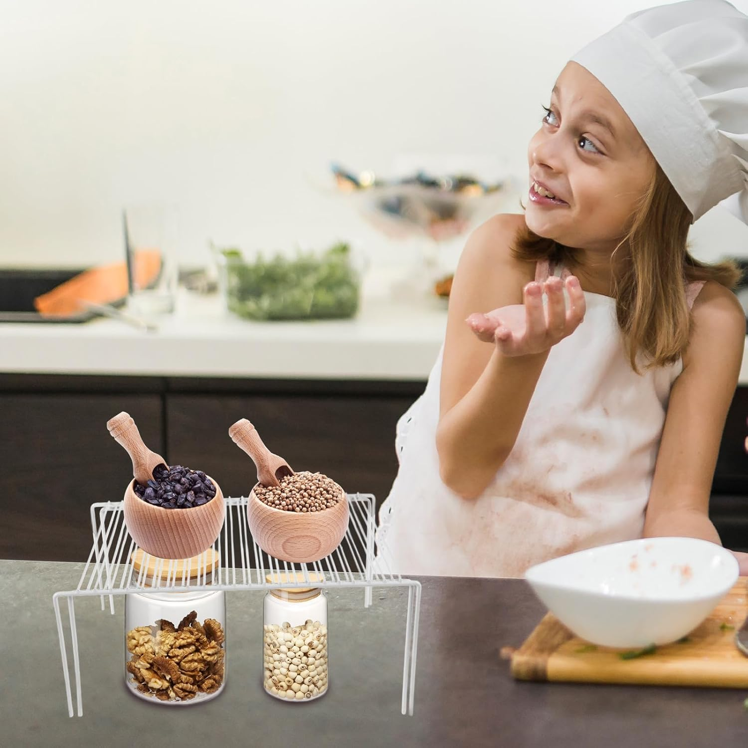 VOSAREA Expandable White Metal Kitchen Spice Rack, Retractable Wire Shelf Organizer for Cabinet and Countertop Storage, Telescopic Kitchen Cabinet Shelf for Seasoning and Utensils image number 1