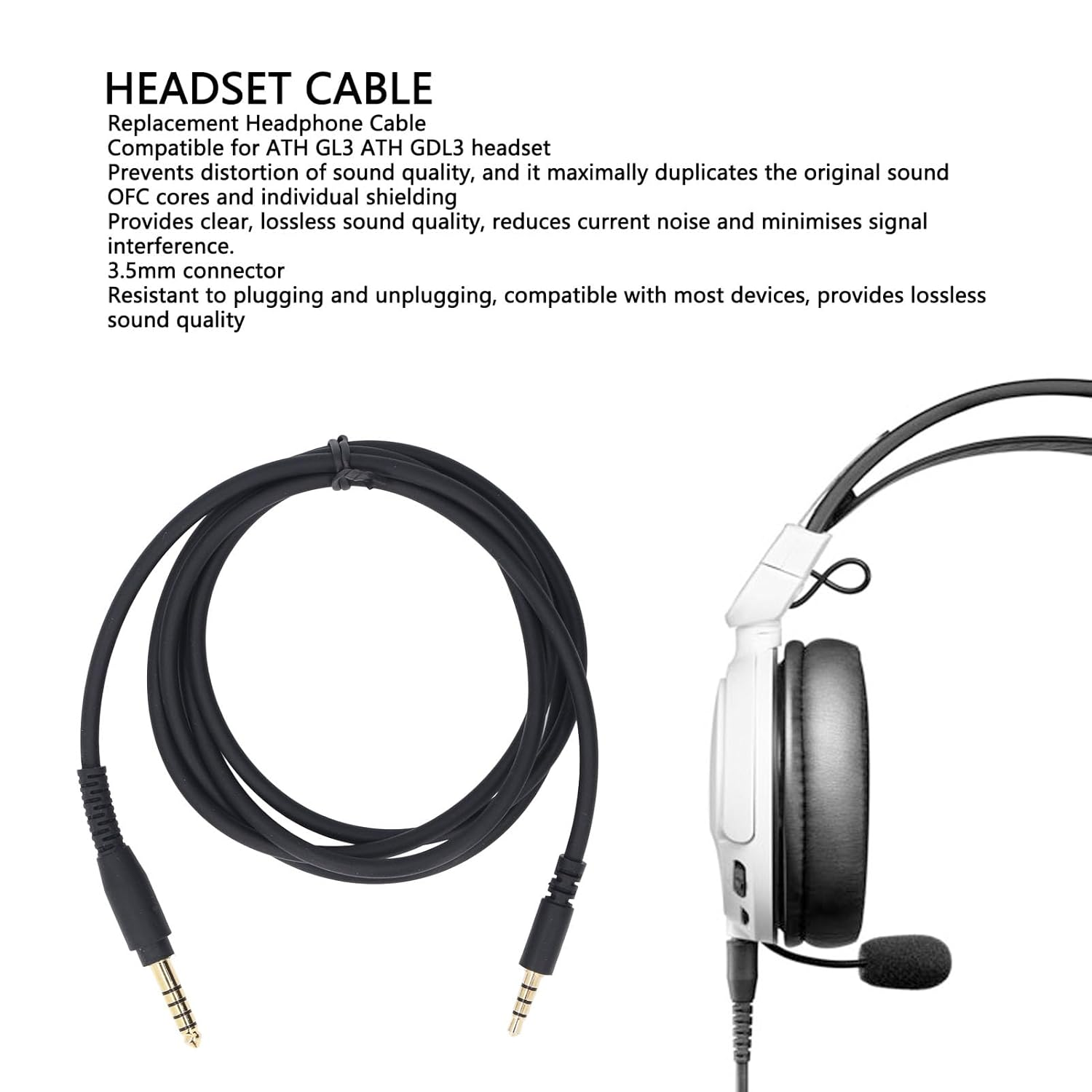 Pomya Replacement Audio Cable for ATH GL3 ATH GDL3 Headset, 1.3M Headphone Sound Cable with 3.5Mm Connector, Lossless Sound Quality, Plug and Play image number 2