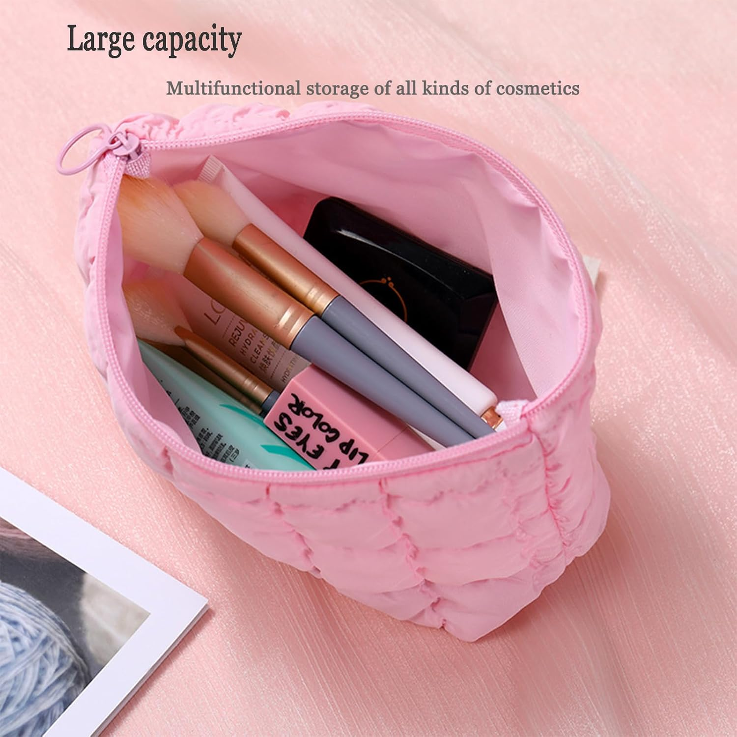 Puffy Makeup Bag Quilted Makeup Bag Cute Checkered Cosmetic Bag for Women Travel Toiletry Bag Puffer Makeup Pouch Puffy Purse Pouch Preppy Makeup Organizer Pencil Case with Zipper(Black) image number 1