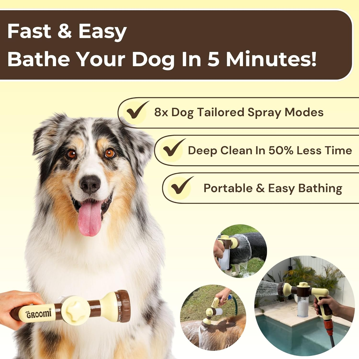 Groomi Hydro Hound Dog Wash Kit &ndash; Dog Bath & Shampoo Foam with Hose Attachment &ndash; 8 Spray Modes, Built-In Soap Dispenser, One-Click Trigger &ndash; Washing Tool for All Coat Types & Sizes image number 3