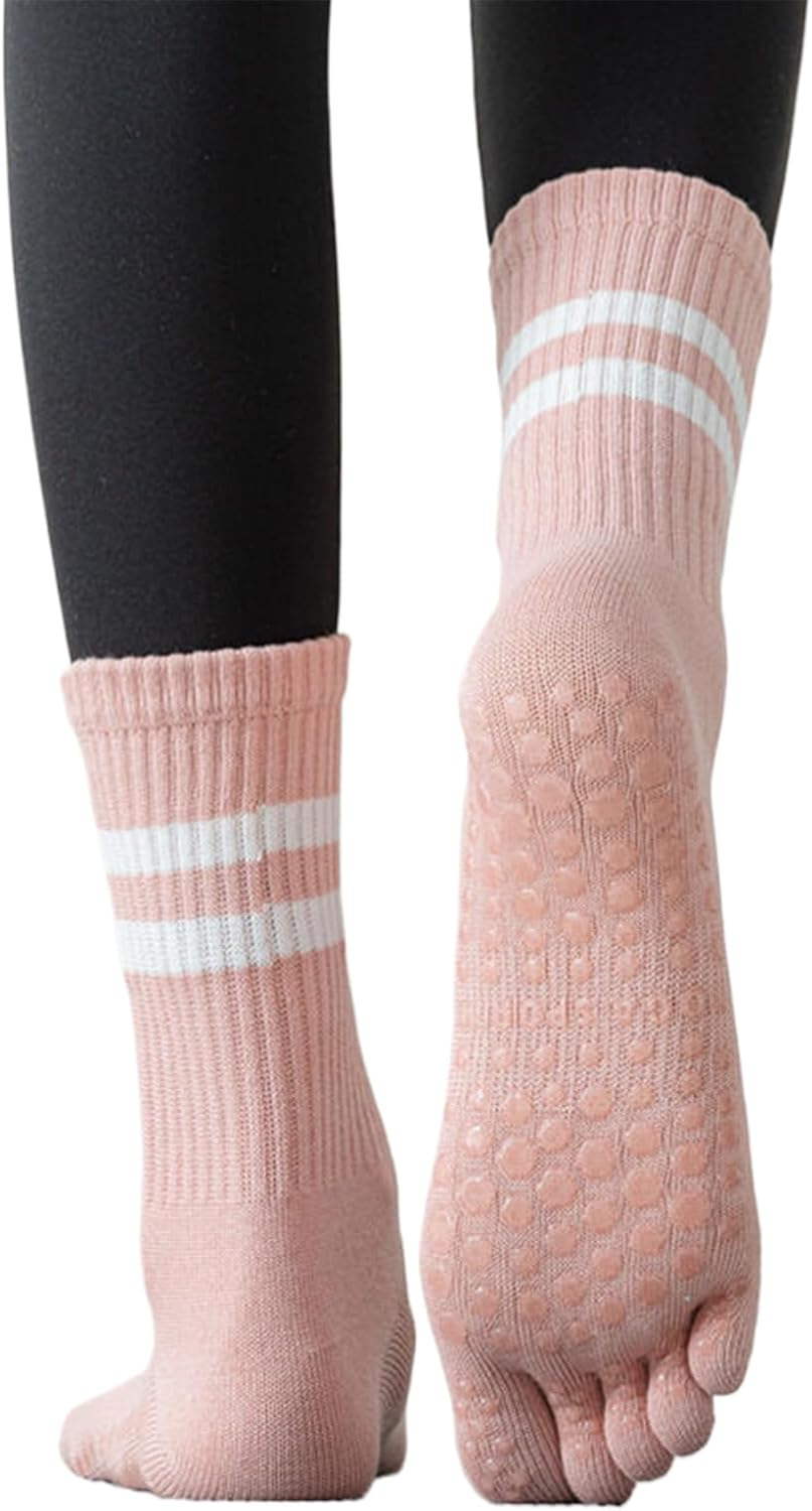 Dress Cici Half Crew Cotton 5 Toe Yoga Pilates Grip Socks for Women with Strips on Cuff (6 Pairs) image number 3