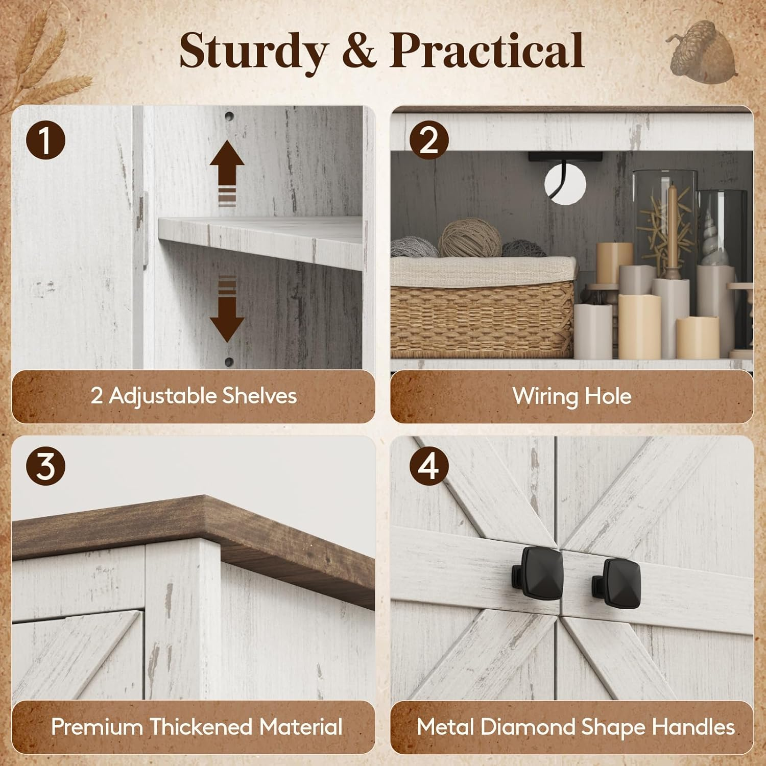 Lifewit Farmhouse End Table with Charging Station and USB Ports, 24" Large Tabletop Side Table with Double Barn Doors, Wood Square Nightstand for Living Room, Office, Bedroom, Rustic White