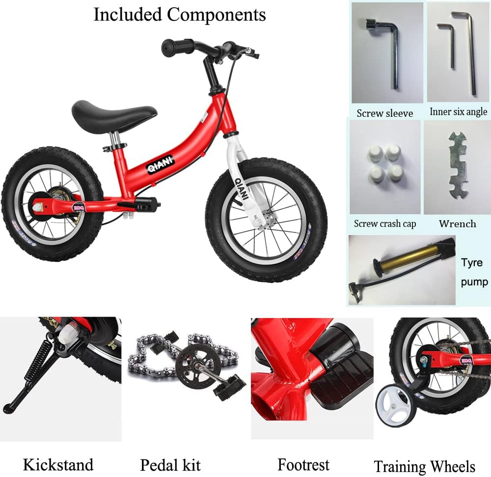 Qiani Balance Bike 2 in 1 for Toddlers,Kids 2-7 Years Old,Balance to Pedals Bike,12 14 16 Inch,With Removable Pedals,Training Wheels,Adjustable Seat,Brake,Red Blue Pink image number 2