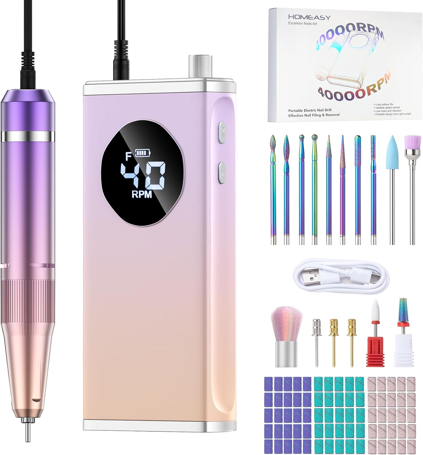 HOMEASY Electric Nail Drill Machine, 40000RPM Professional Nail Kit with 15 Drill Bits, Portable Nail File Electric Nail Filer for Acrylic Nails Gel Polishing Removing for Salon Home (Purple) image number 2