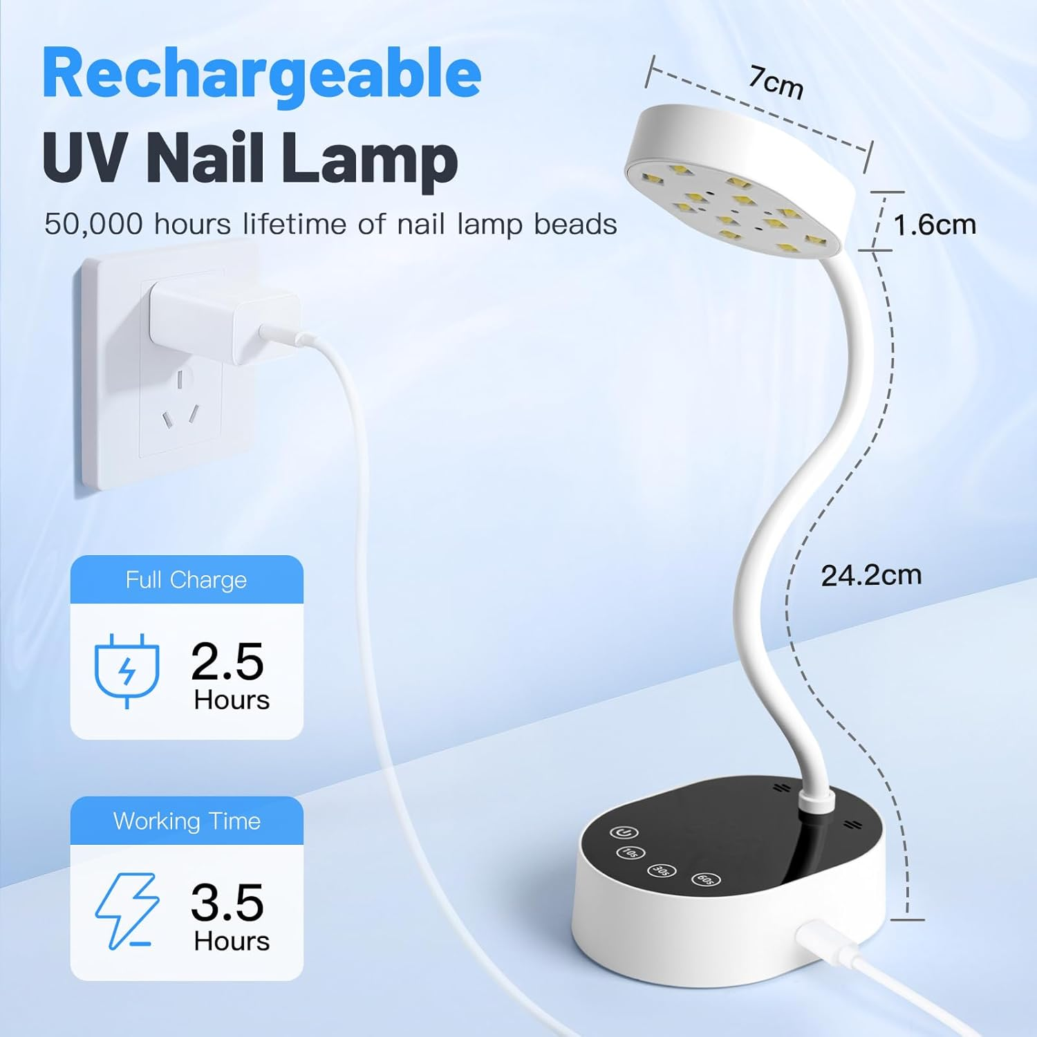 Madenia UV LED Nail Lamp: Rechargeable 360&deg; Adjustable Gooseneck Design Nail Light with Auto Sensor & Touch Screen - 4 Timer Modes Nail Curing Lamp Suitable for Salon and Home Use, White