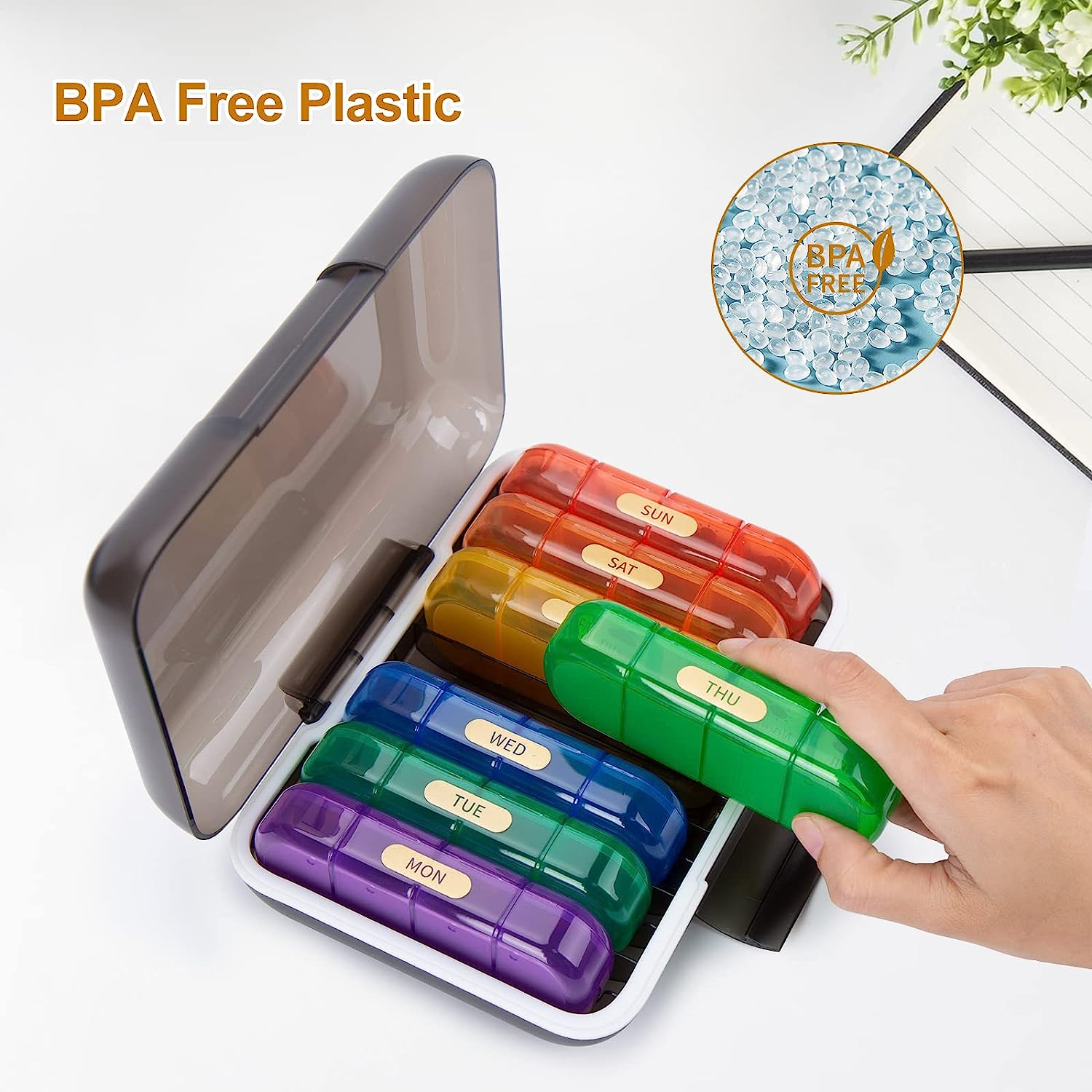 Pill Organizer 4 Times a Day,Pill Box,Medicine Organizer with Removable Days,Portable 7 Day Pill Case for Travel Pill Containers for Vitamins Fish Oils Supplements（Seven Colors+Black Shell） image number 4