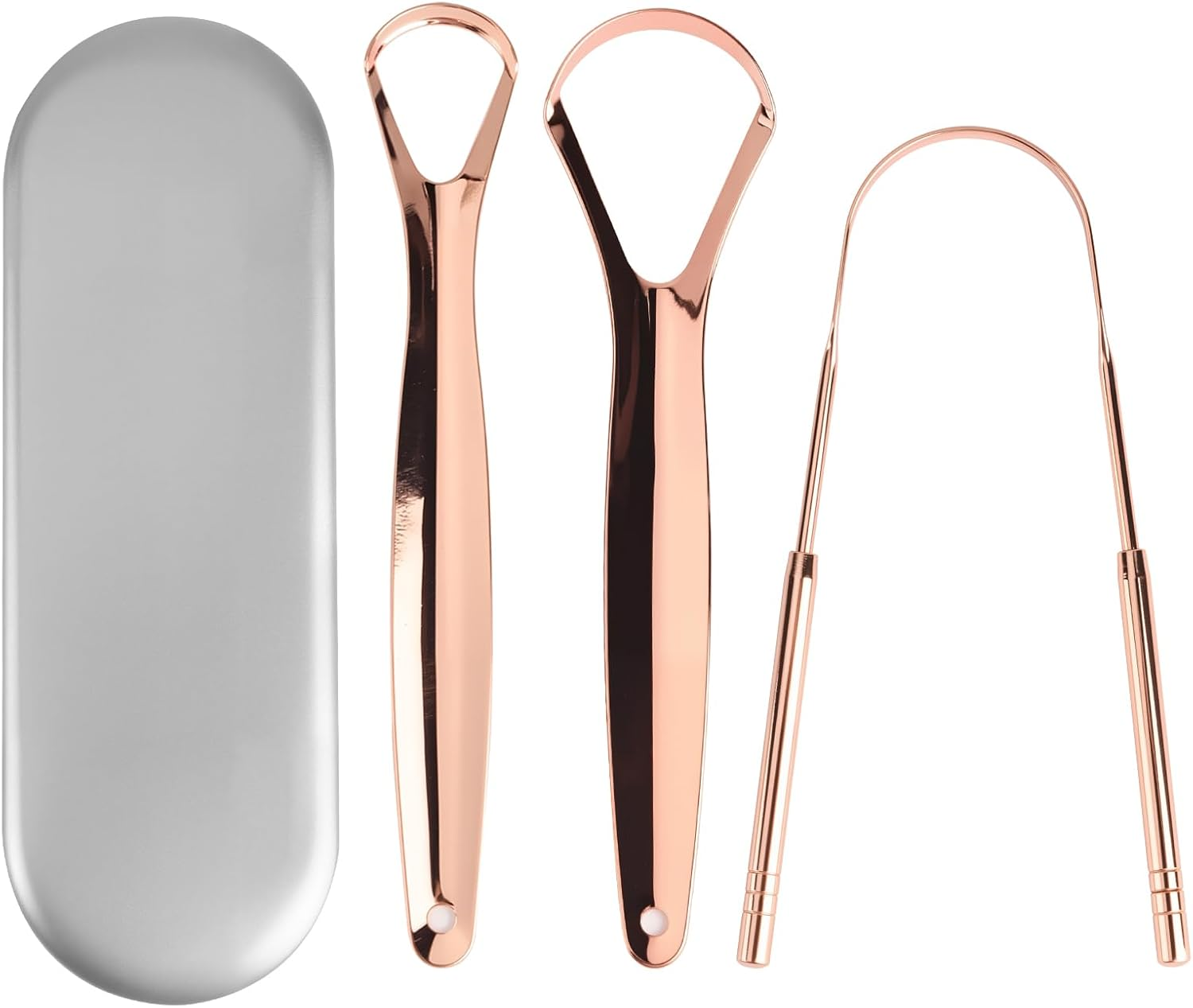 4Pcs Stainless Steel Tongue Scraper Set, Iron Box - Tongue Scraper & U-Shaped Tongue Cleaner, Oral Hygiene Products - Effective Tongue Raser for Fresh Breath, Healthier Smile Rose Gold image number 1