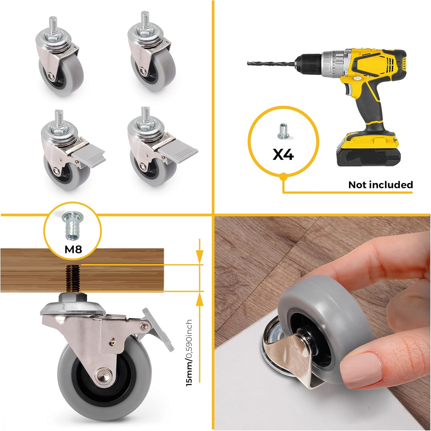 Emuca - Pack of 4 Grey Swivel Castors for Furniture (2 with Brake and 2 without Brake) 50Mm(1,96 Inch) Diameter with M8X15 Bolt and Ball Bearings image number 1