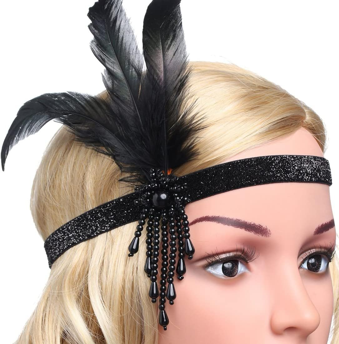 SJBAUTYO 1920S Flapper Headband, 1920S Headband Beads Flapper, Feather Headband Beads Headband, 20S Hair Accessories for Party Jewellery Women Girls image number 1