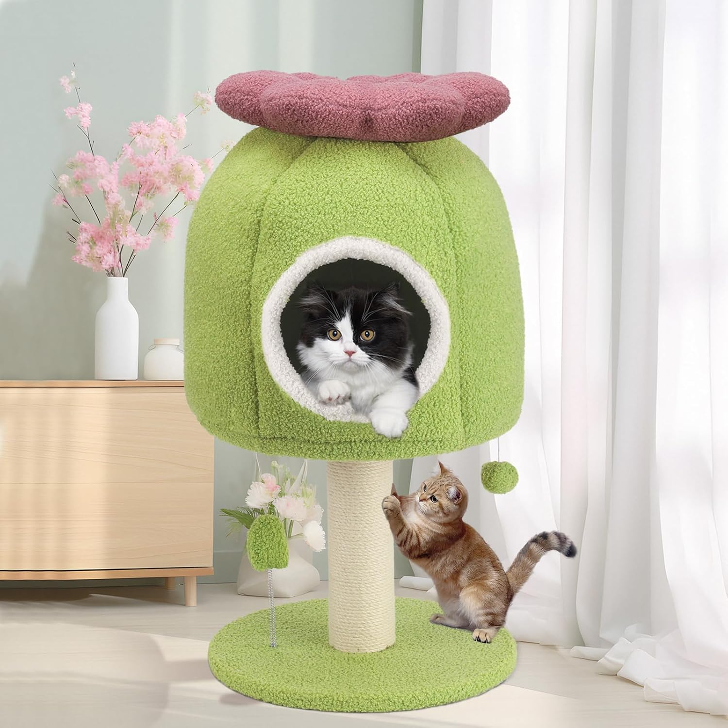 EMUST Flower Cat Tree with Bed, 28.74Inch Cat Tower with Scratching Post & Cozy Condo, Christmas Cute Sisal Cat Scratcher with Plush Hang Spring Ball Toys, Removable Cat Bed for Indoor Adults Cats image number 6