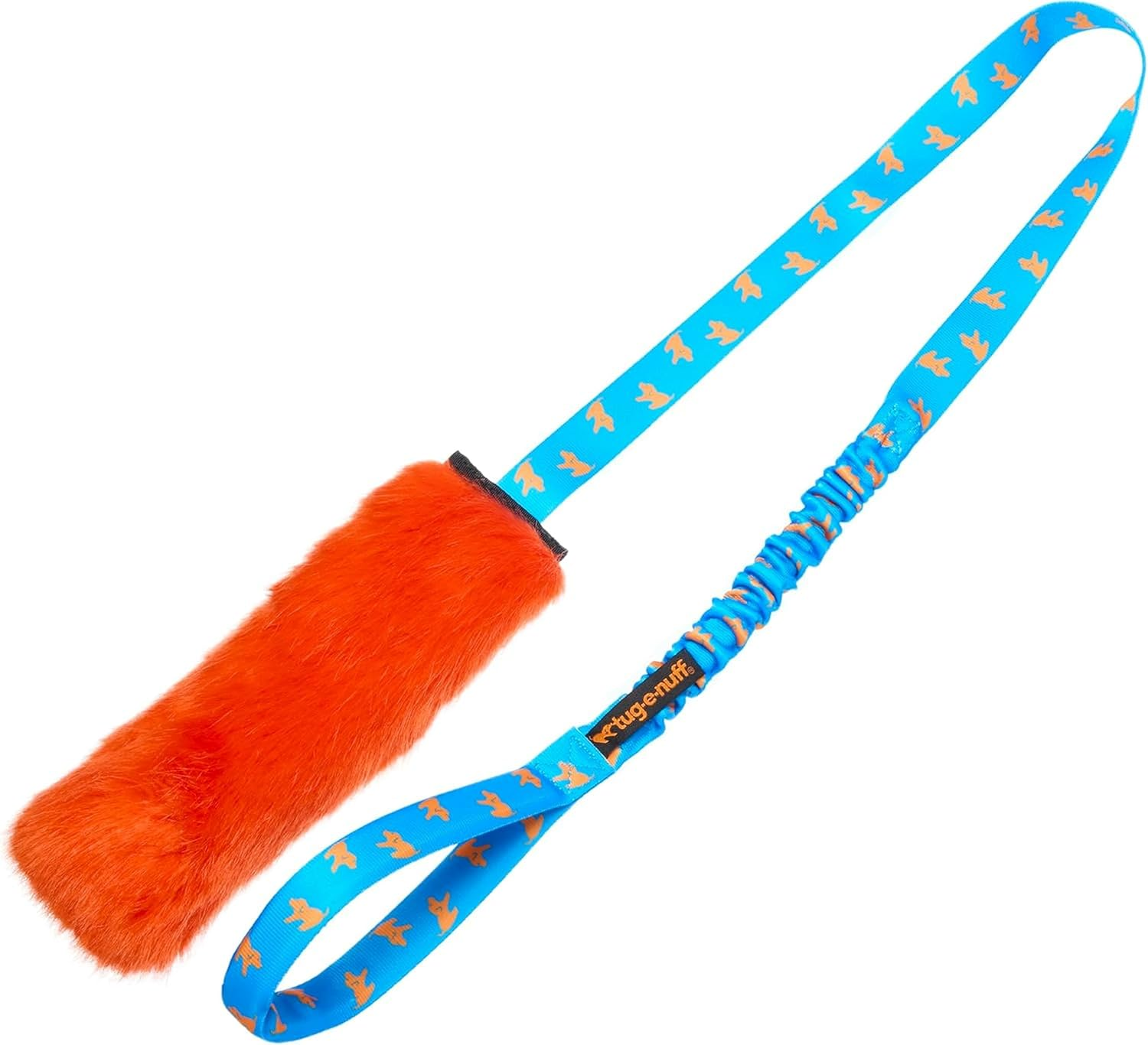 Tug-E-Nuff Faux Fur Squeaky Bungee Chaser Dog Toy, Tough Dog Tug Toy for Puppy, Small, Medium and Large Breeds, Interactive Training Chase Toys for Dogs, 46.5 In, Orange & Blue