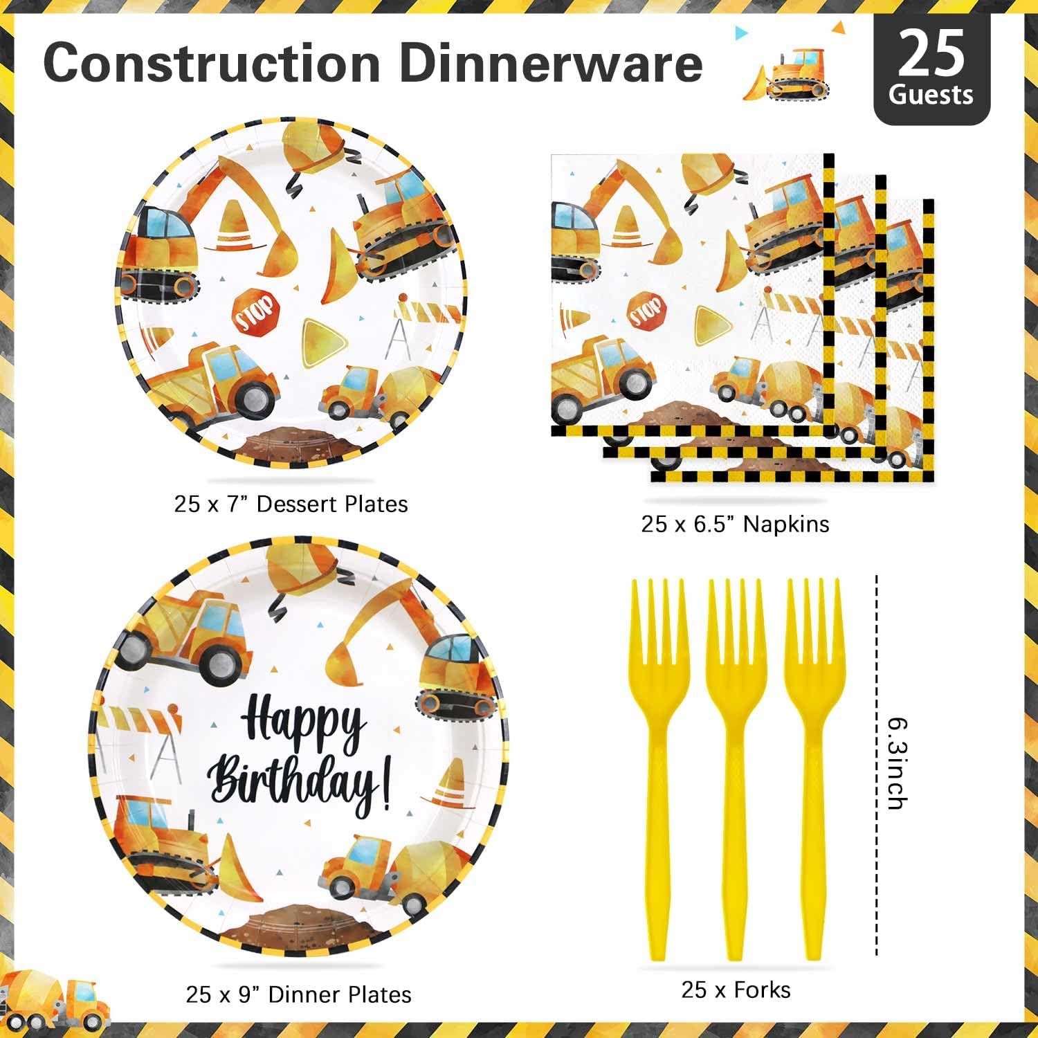 Construction Birthday Party Supplies Plates and Napkins Set for 25 Guests, Construction Theme Party Decorations for Boys Kids image number 1