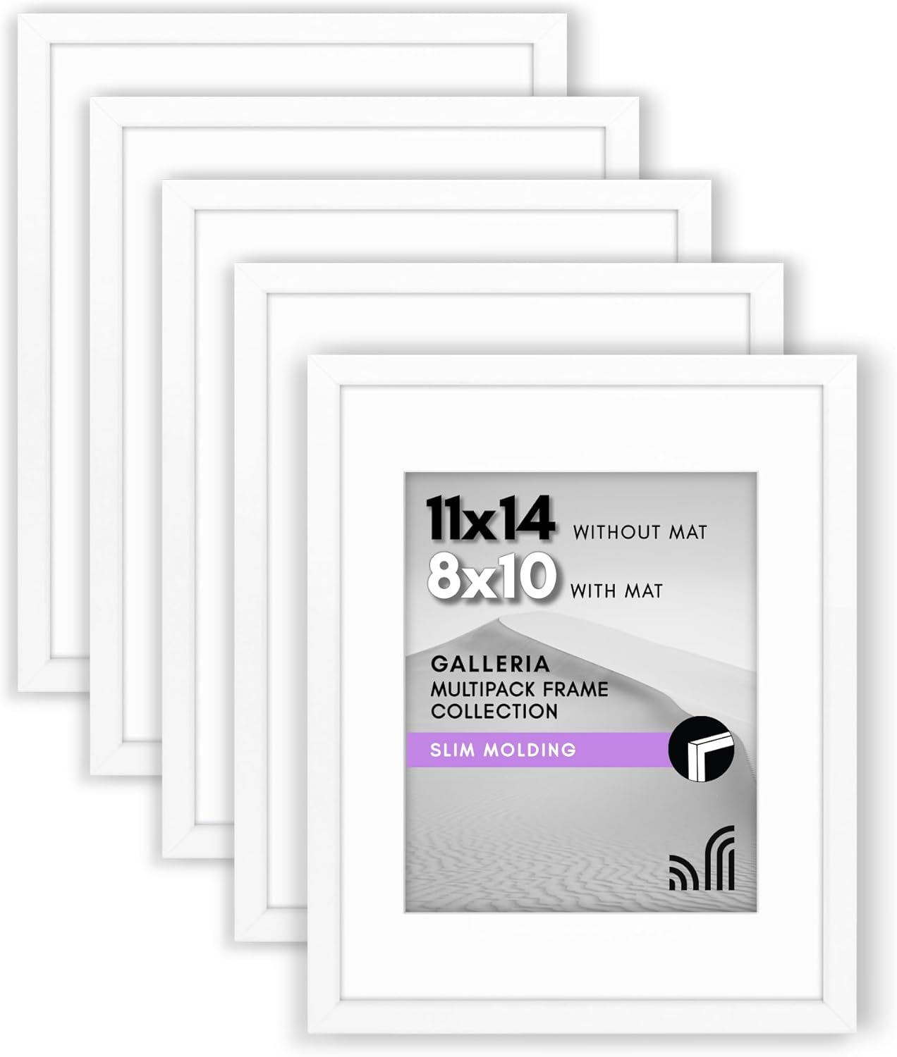 Americanflat 11X14 Picture Frame with Polished Plexiglass - Set of 5 - Use as 8X10 Frame with Mat or 11X14 Frame without Mat - Galleria Collection - Gallery Wall Frame Set for Wall Display - White