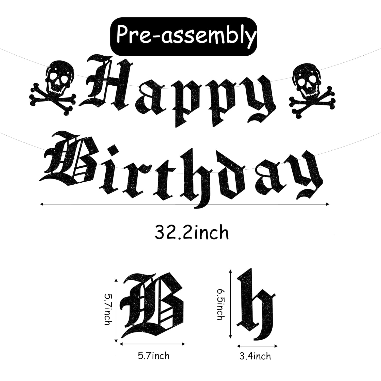 Gothic Happy Birthday Banner Black Glitter Old English Skull Garland Funny Funeral Birthday Banner for Scream Party,20Th 30Th 40Th Birthday,Gothic Birthday Decorations,Halloween Party image number 1