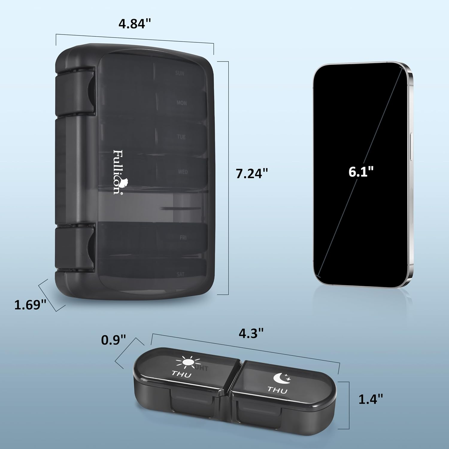 Fullicon Extra Large AM PM Pill Organiser 7 Day &ndash; Weekly Pill Box 2 Times a Day, Travel Medicine Container, Vitamin & Supplement Dispenser, Jumbo Dosette Case for Purse or Handbag (Black) - Black image number 5