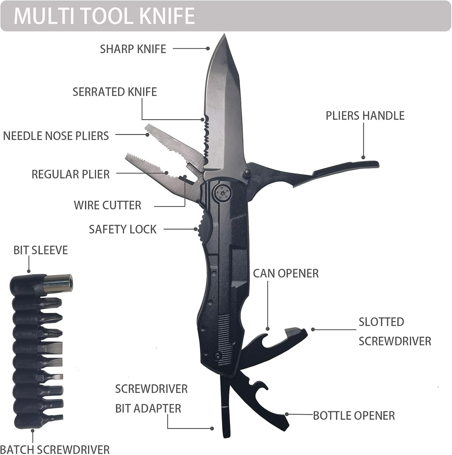 10-In-1 Multi Tool Pocket Knife &ndash; Portable Functional Tools with Needle Nose Pliers, Screwdriver Kit, Bottle Opener, for Outdoor Camping, Hiking, Adventure & DIY Repairs image number 4