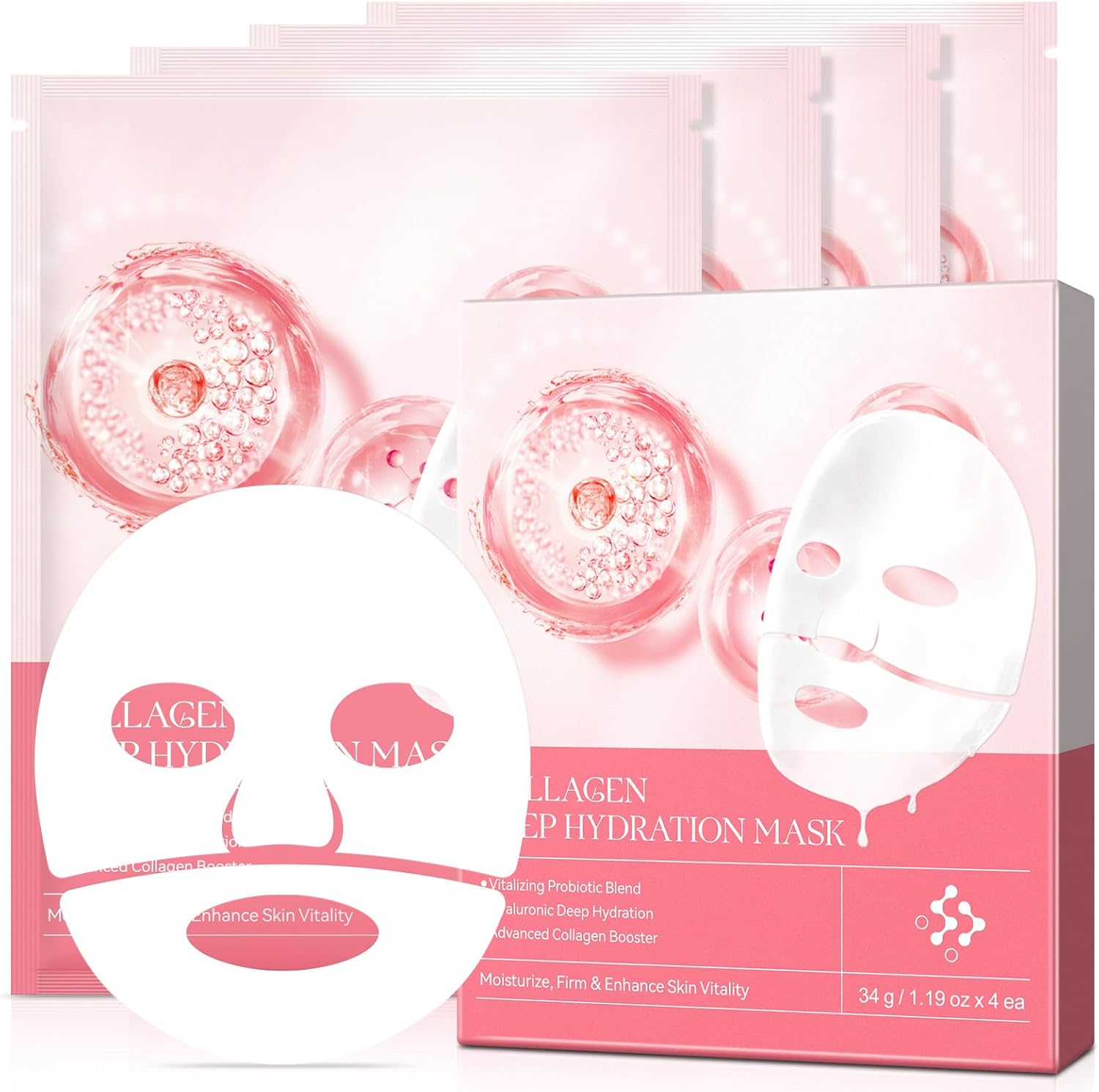 Bio-Collagen Real Deep Mask, Hydrating Overnight Mask, Pore Minimizing, Collagen Overnight Mask for Hydrate, Brighten, Shrink Pores, Soothe, Repair, Korean Face Mask, 4PCS