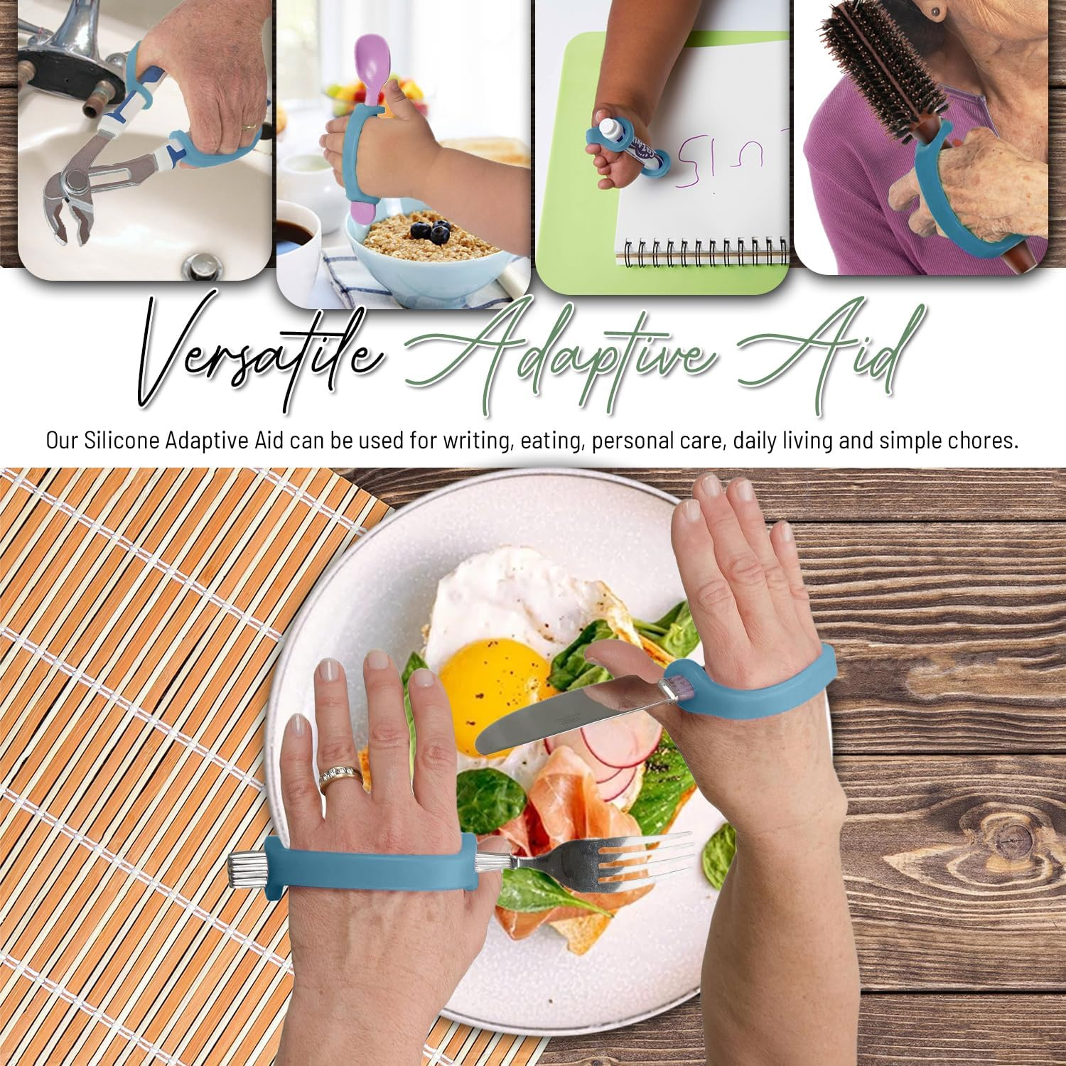 Adaptive Utensils for Seniors and Toddlers, Tools Grasping Items, Silicone Utensil Holder Adaptive Eating Aid Stroke Arthritis Limited Grip Universal Daily Living Special Needs or Disabled Infant to Child Aids Pediatric Occupational Therapy Supplies image number 5