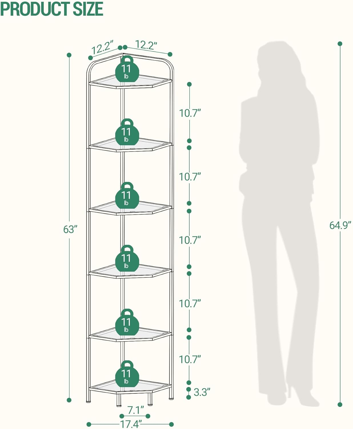 Hzuaneri Corner Shelf Stand, Glass Bookshelf Bookcase, Bathroom Organizer, Plant Stand, Steel Frame, Tempered Glass, Modern Style for Living Room, Bathroom, Kitchen, 6-Tier Golden CS90600G image number 3